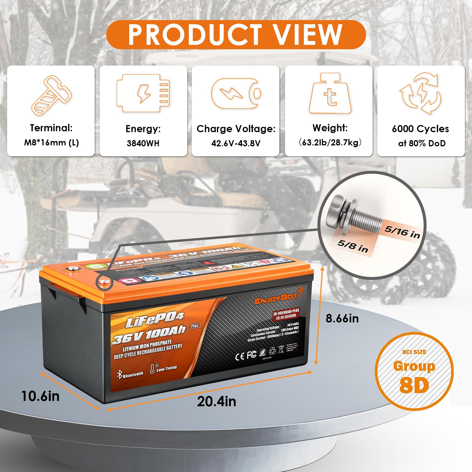 Enjoybot 36V 100Ah Plus LiFePO4 Lithium Battery with 200A BMS, Bluetooth, 2 Series Support, Low Temp Cut-Off, Ideal for Golf Cart/RV