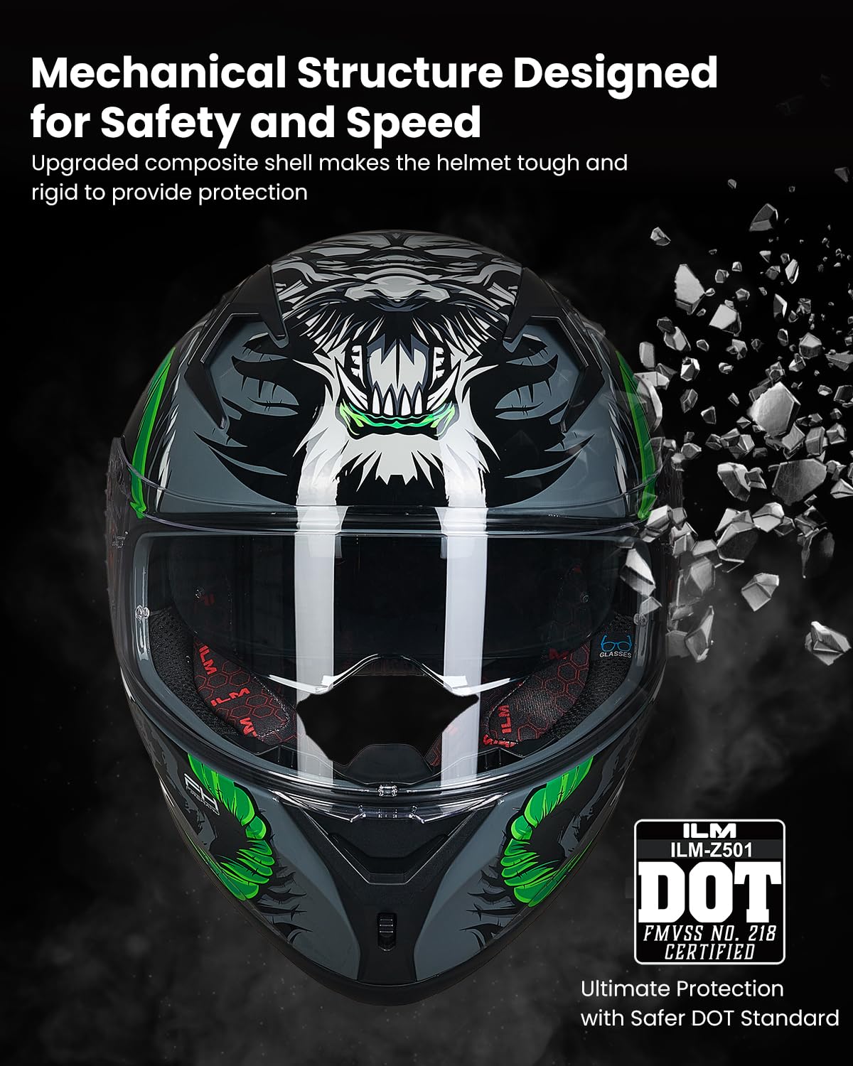 Ilm Motorcycle Helmet Full Face With Pinlock Compatible Clear&Tinted Visors And Fins Street Bike Motocross Casco Dot Model Z501(Legend Green, Large)