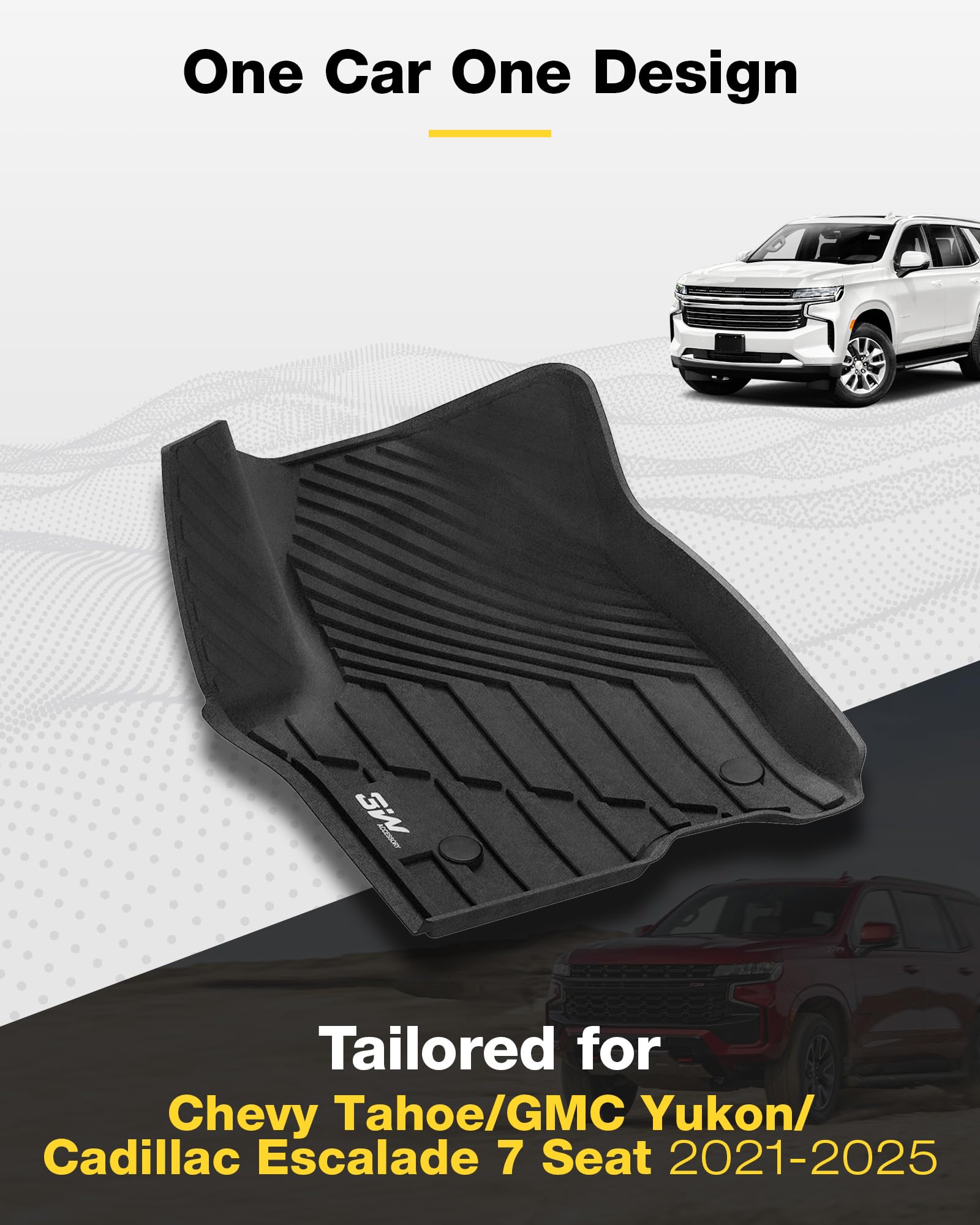3W Floor Mats Fit For 2021 2022 2023 2024 2025 Chevy Tahoe/Gmc Yukon/Cadillac Escalade 7 Seat, Tpe All Weather Custom Fit Car Ac