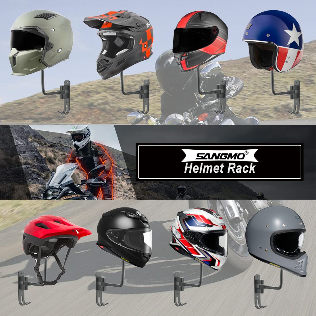 Sangmo Grey 180 Motorcycle Helmet Rack, Rotation Metal Helmet Holder Wall Mount, Helmet Holder Bike With 2 Hooks Helmet Hanger F