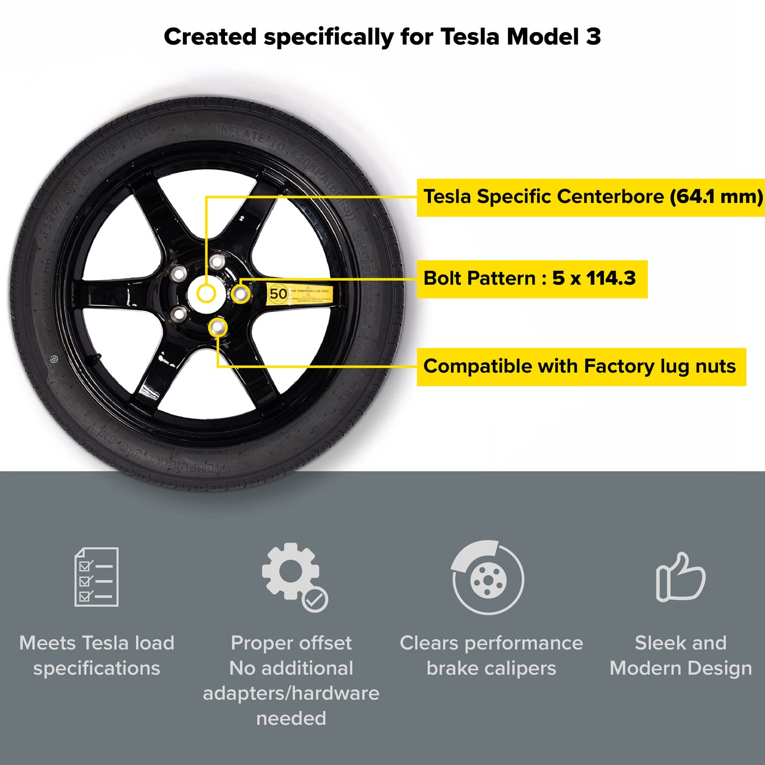 StanceMagic Complete Spare Wheel & Tire for 2017+ Tesla Model 3 RWD, 18x4 Rim, 125/80R18, Aluminum, Black, Model SWT-228
