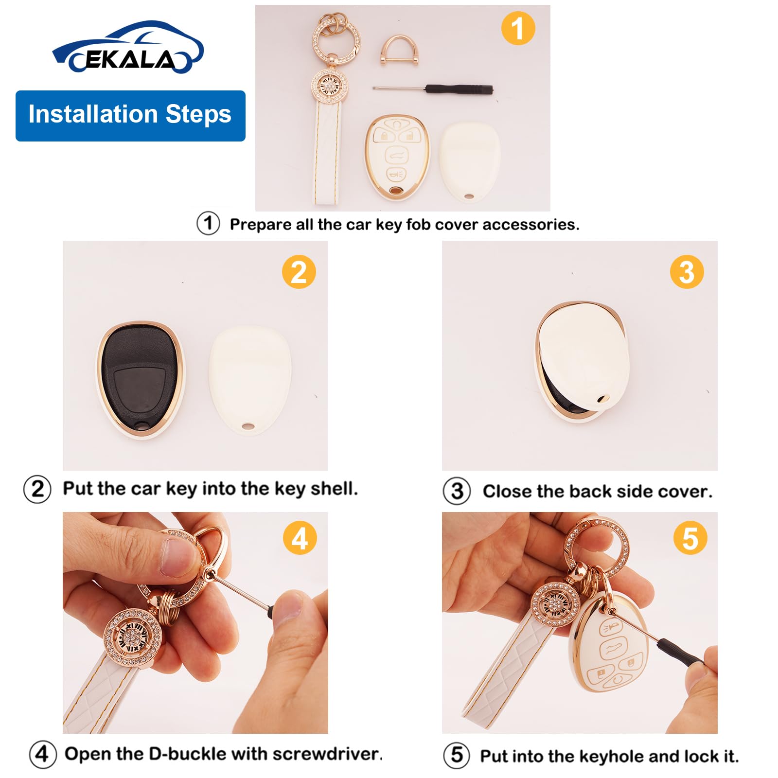 EKALA TPU Key Fob Cover with Leather Keychain for Chevy/GMC/Cadillac 5 Buttons, Chv-5R, Color C