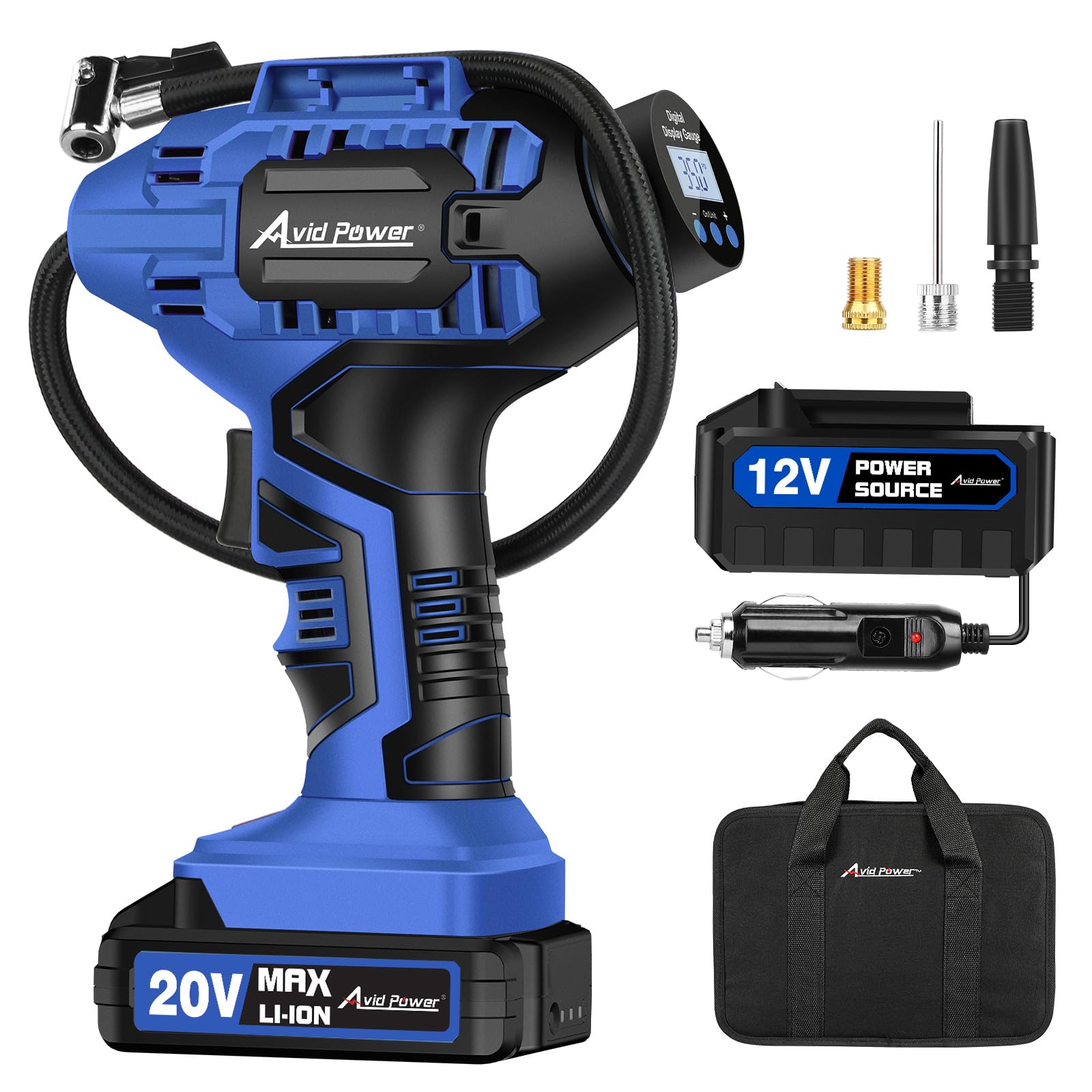 AVID POWER 20V Cordless Tire Inflator with Digital Pressure Gauge, 12V Car Adapter, Portable Air Pump - Blue, Model ACAP115D-B