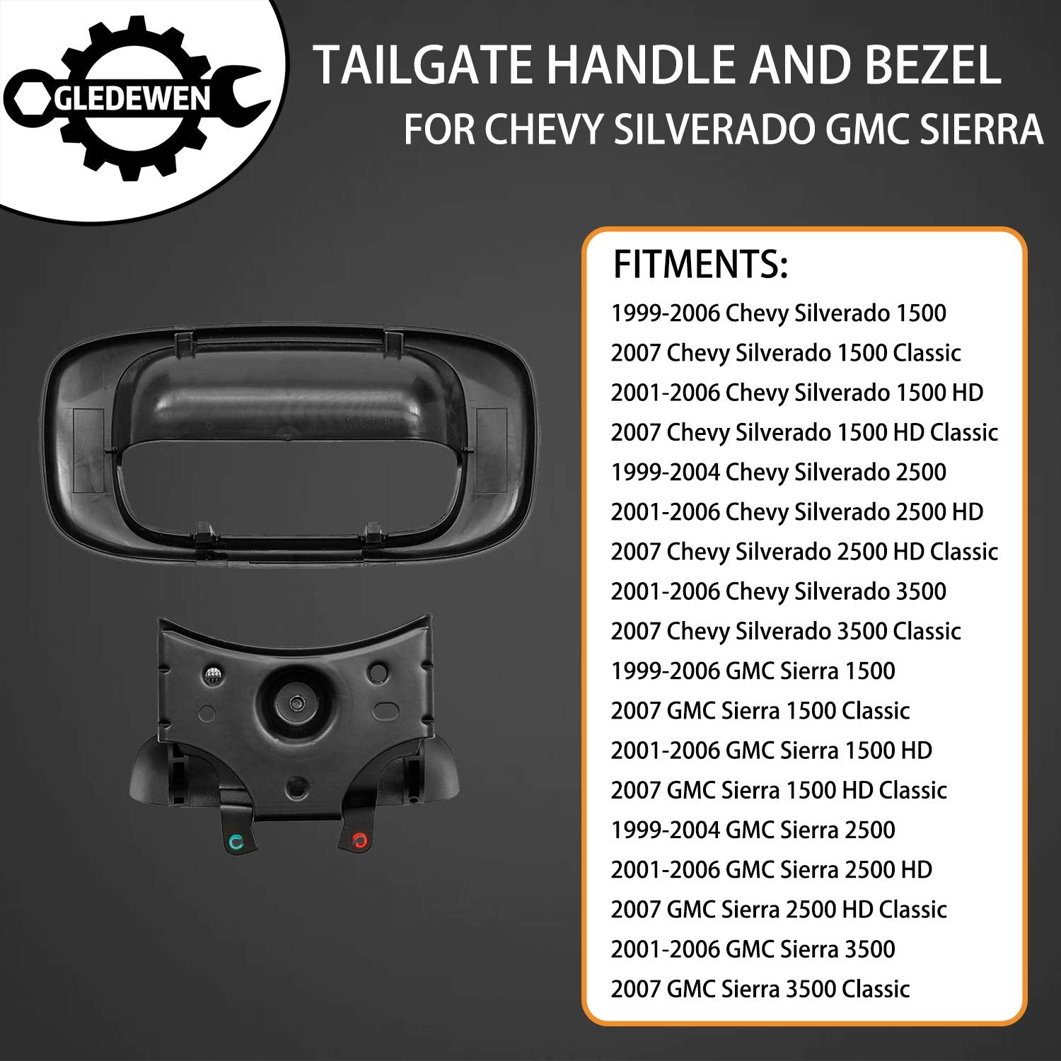 Gledewen Tailgate Handle Latch & Bezel Trim for 1999-2007 Chevy Silverado/GMC Sierra, Black, Plastic, Model GW-QMBS16