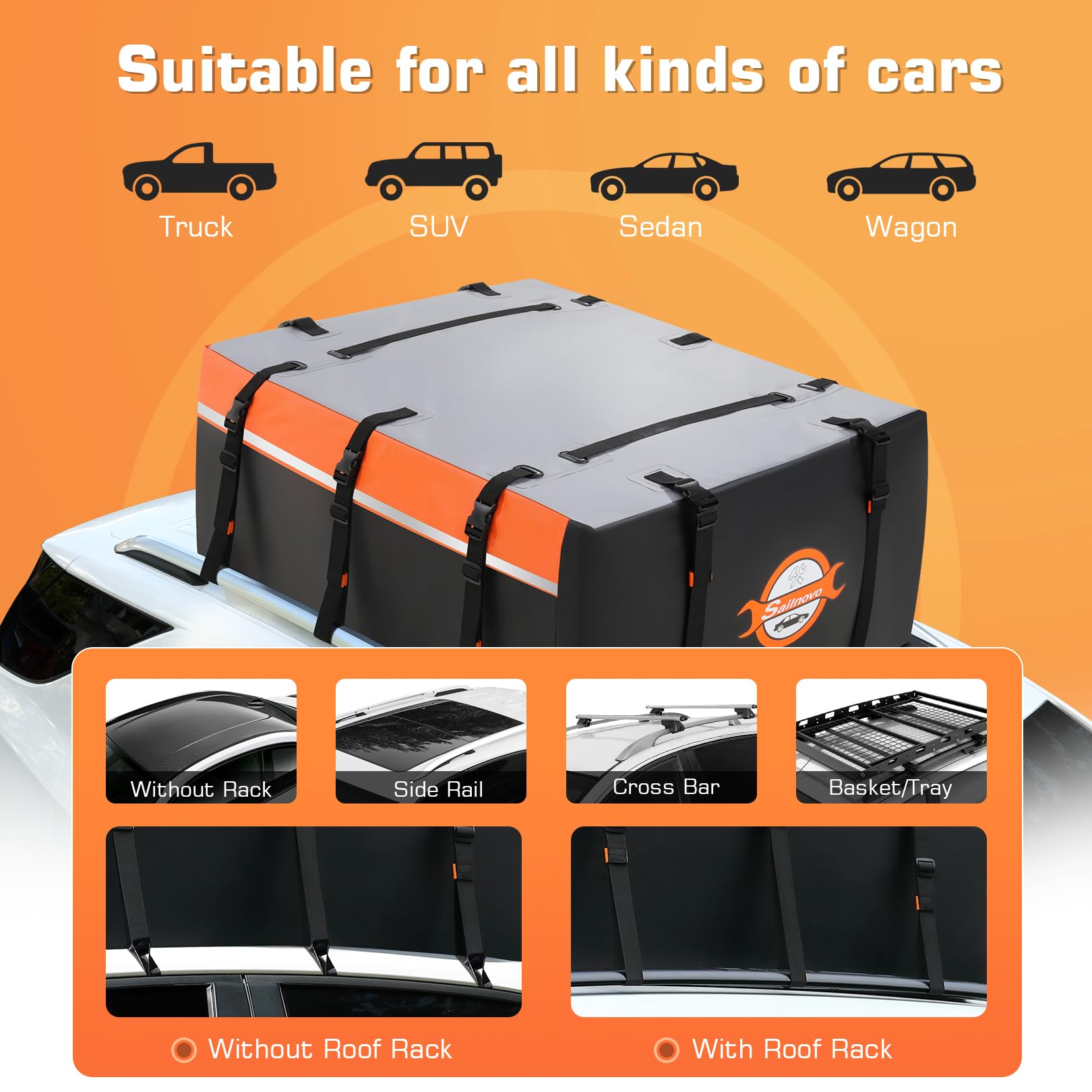 Sailnovo Rooftop Cargo Carrier 20 Cubic Feet, Waterproof PVC Soft-Shell Bag, Black and Orange, Model SL-6523676, Includes 6 Door Hooks