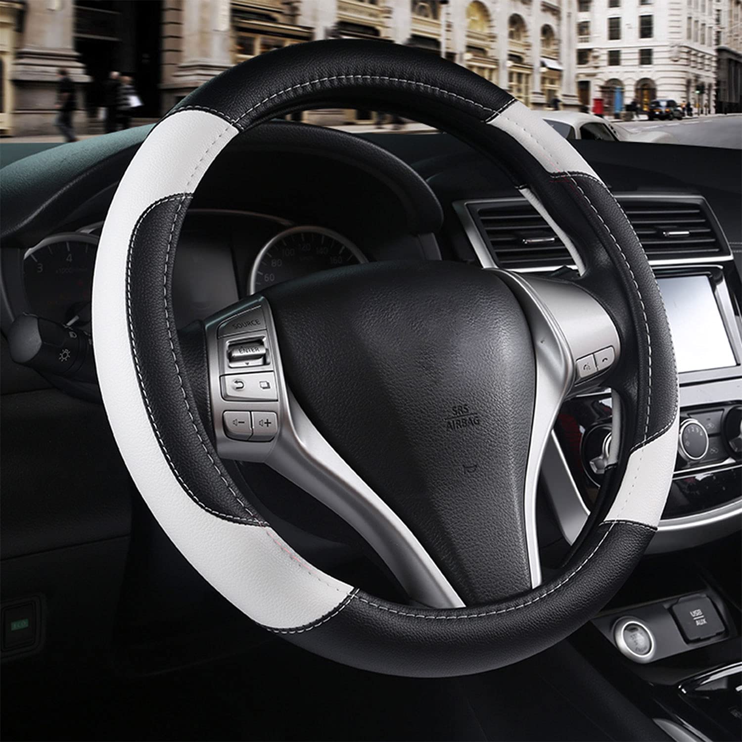 Leather Car Steering Wheel Cover, Non-Slip Car Wheel Cover Protector Breathable Microfiber Leather Universal Fit For Most Cars(W