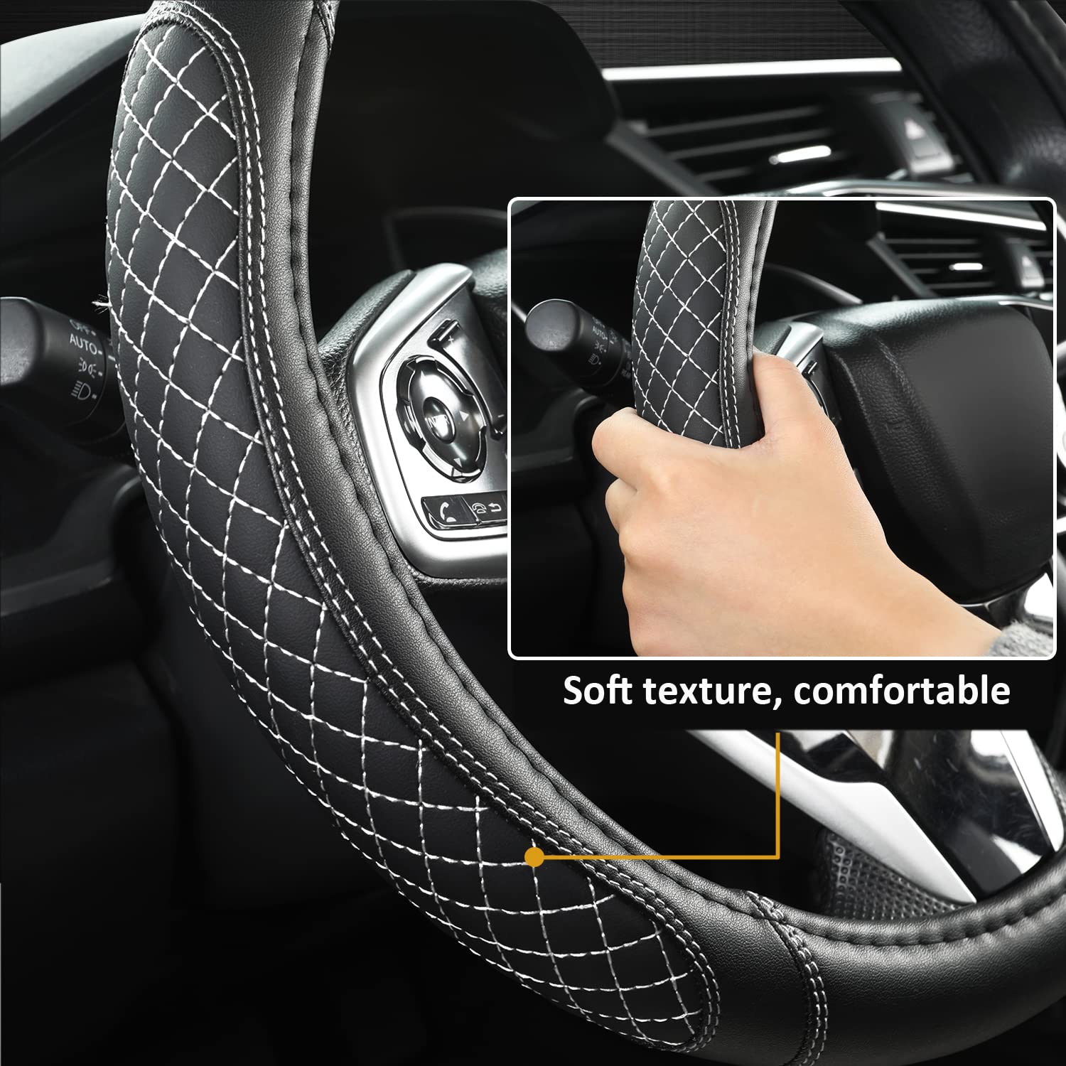West Llama Auto Steering Wheel Cover - Faux Leather, Standard Size, Diamond Quilted Black+Gray for Chevy Silverado, Tahoe, Equinox