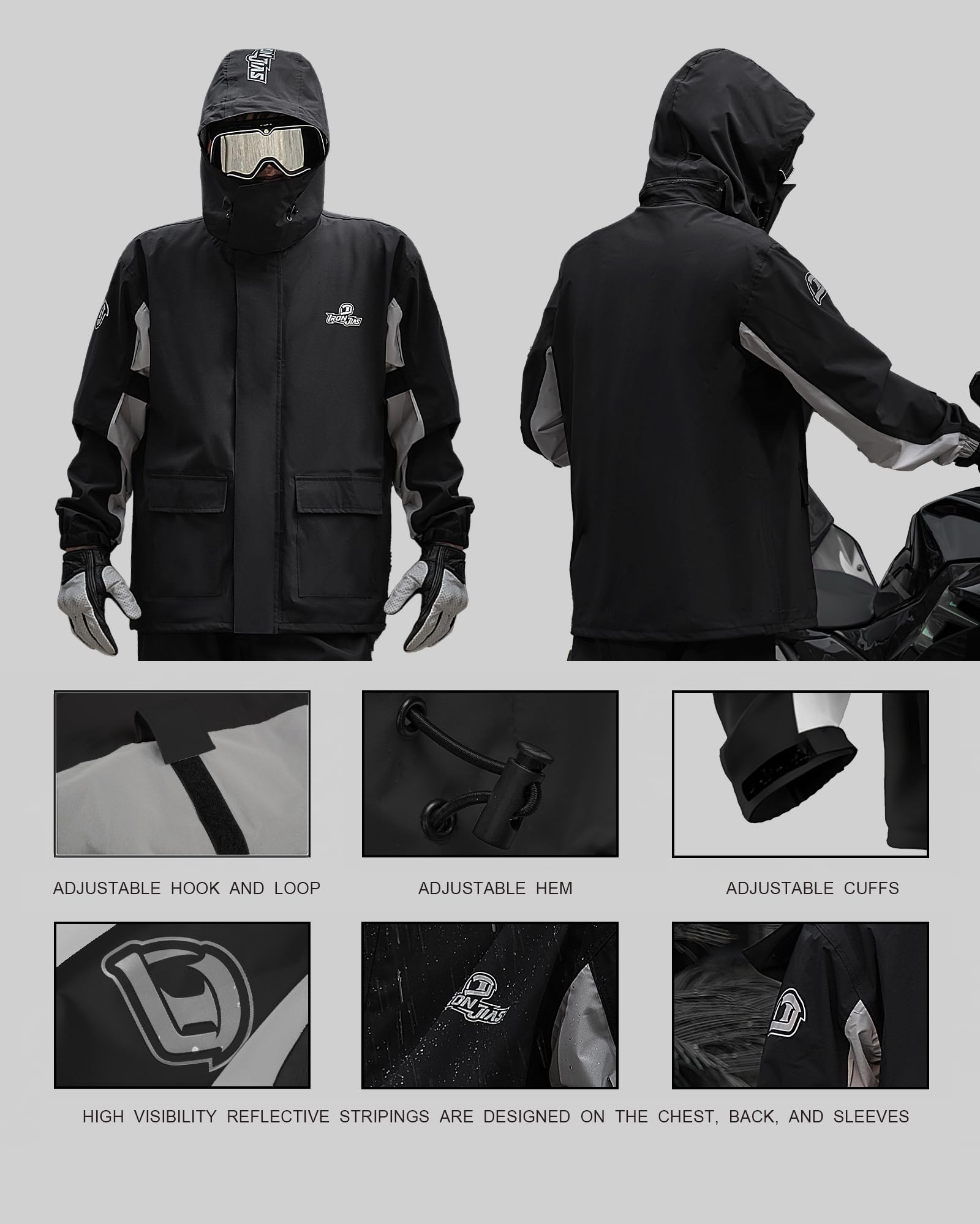 IRON JIA'S Waterproof Motorcycle Rain Suit, Reflective Jacket & Pants, XX-Large, Black, 100% Recycled Polyester, Model JK005