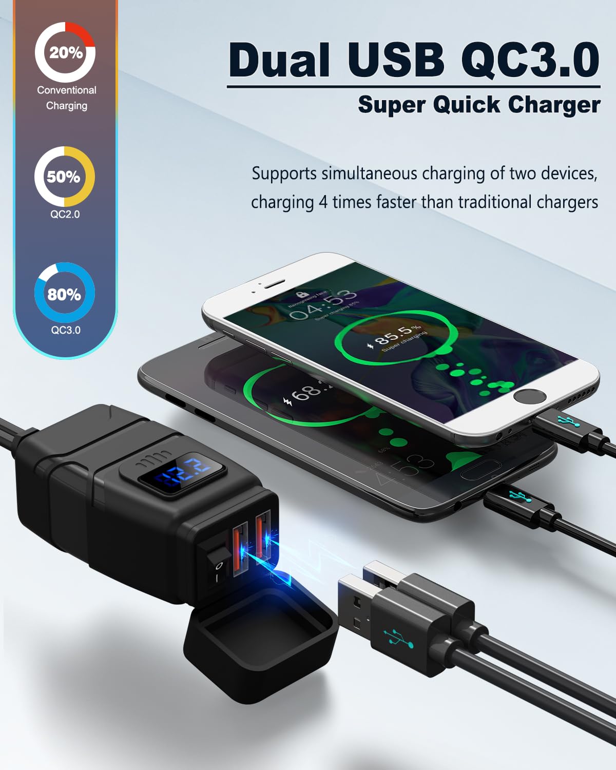 EXTRACTME Motorcycle USB Charger, 6.8A Quick Charge 3.0, Waterproof SAE to USB Adapter, Blue, Model MTCUC2A02