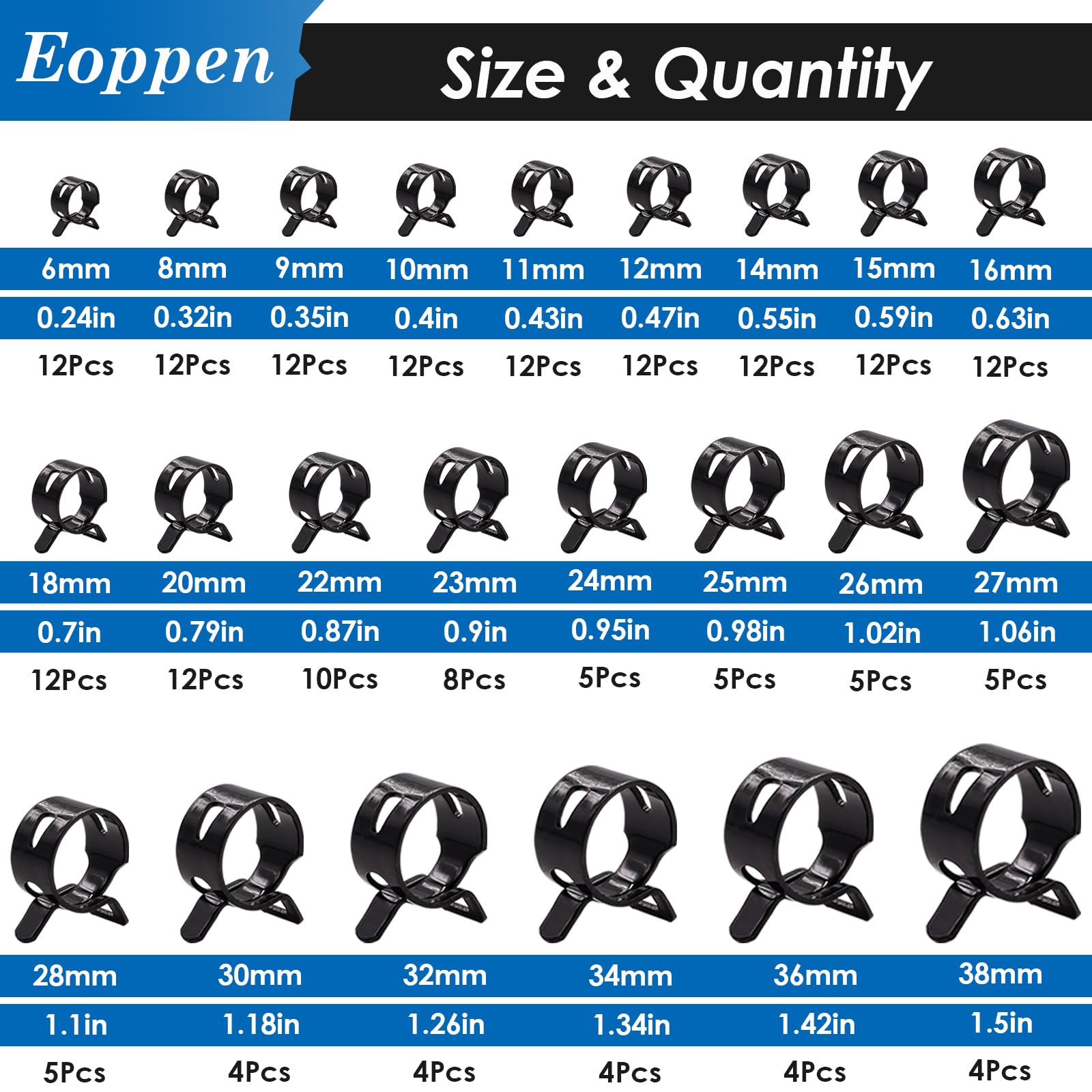 Eoppen Spring Hose Clamps Assortment Kit - 195Pcs, 23 Sizes, Swivel Flat Band, Low Pressure, Black, Model En-02-4+C-014
