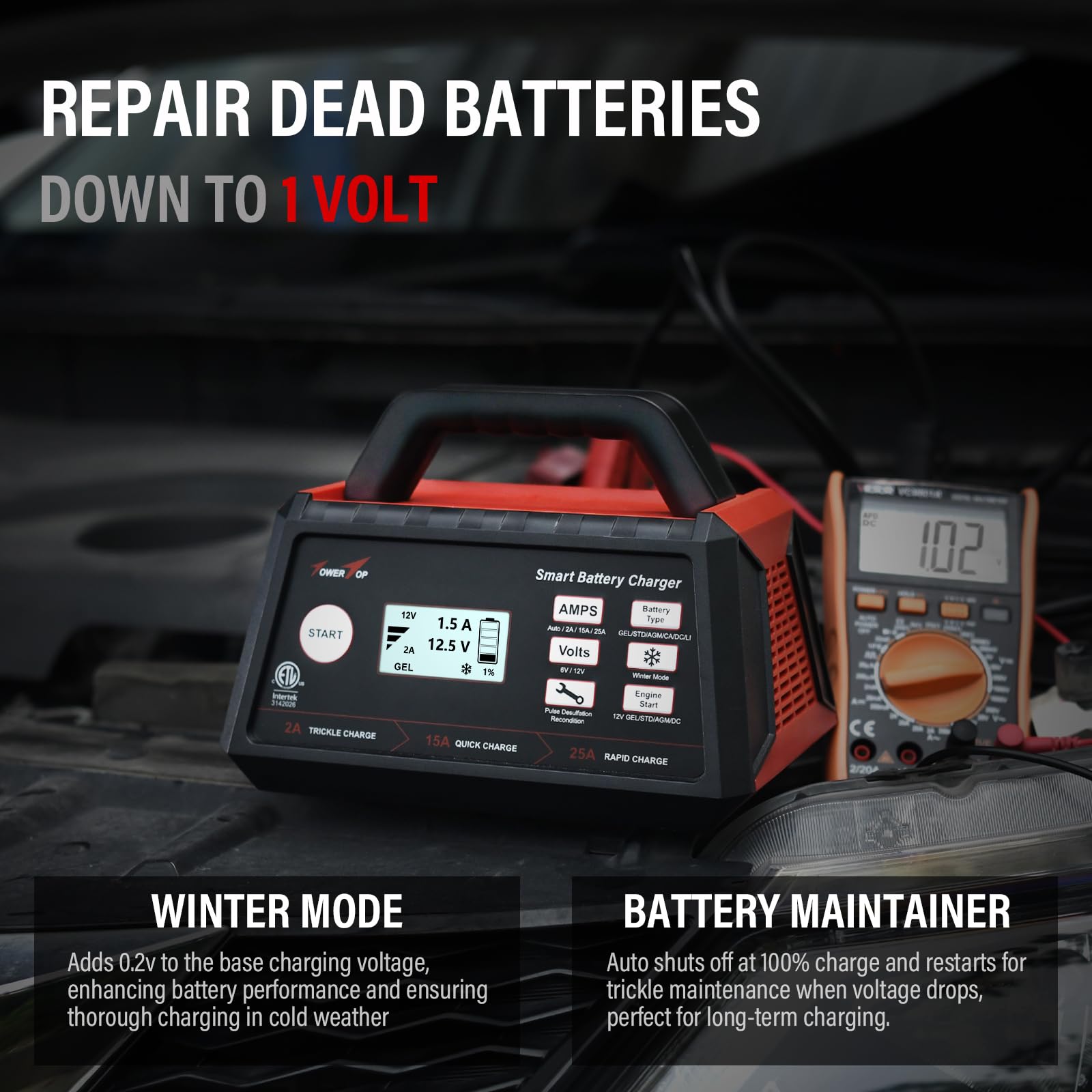Towertop 2/15/25 Amp Car Battery Charger, 6V/12V Fully Automatic Smart Battery Maintainer With Engine Start, Auto Desulfator, Ba