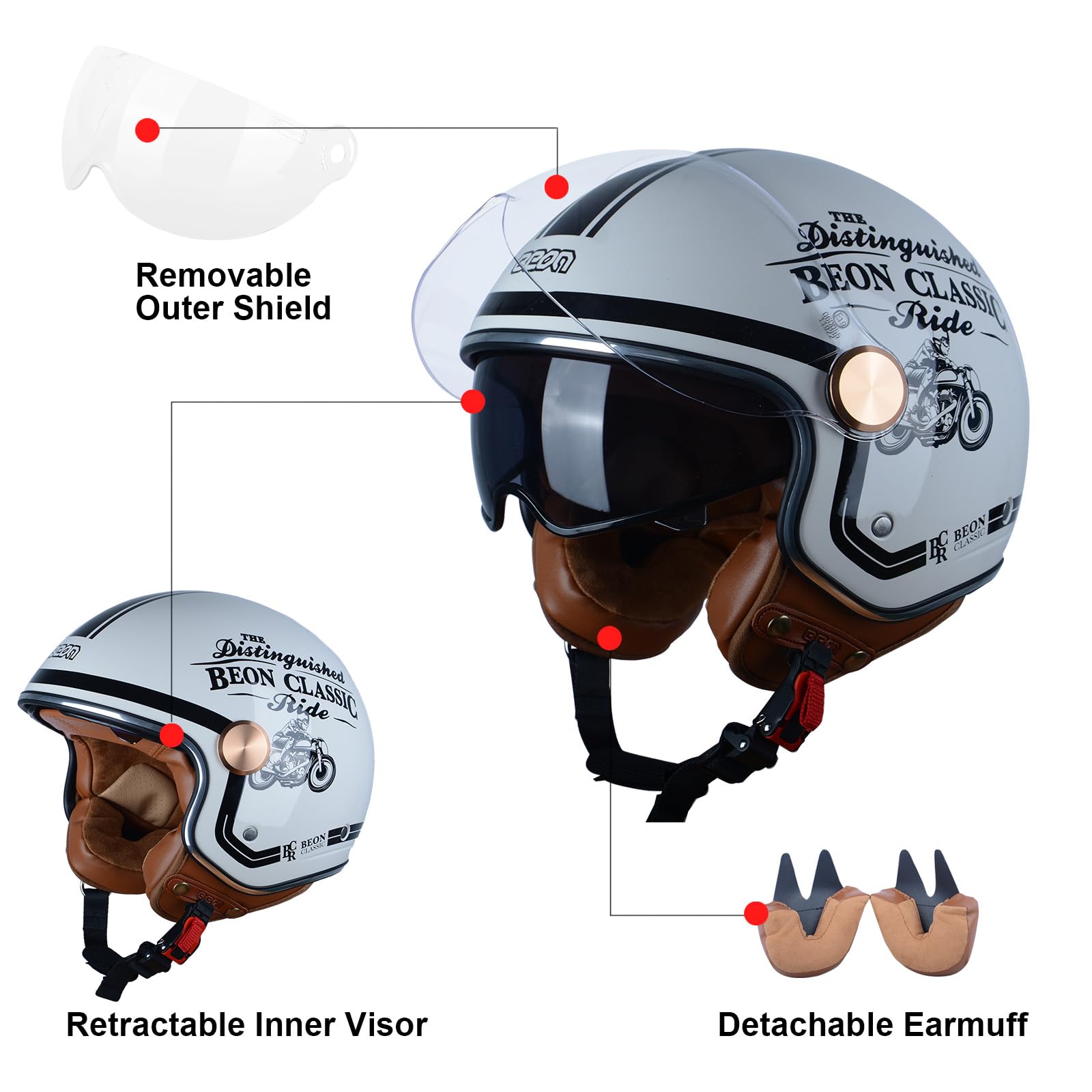 BEON Open Face Motorcycle Helmet, DOT Approved, Medium, BCR Glossy White, ABS, Dual Visors for Men and Women, Retro Vespa Style