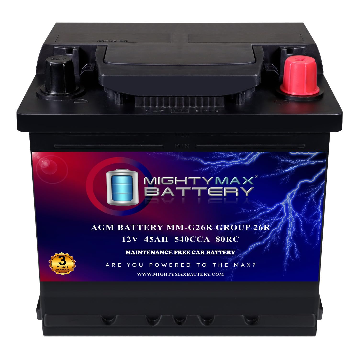 Mighty Max Battery MM-G26R BCI Group 26R 12V 45AH, 80RC, 540 CCA, Rechargeable SLA AGM Battery