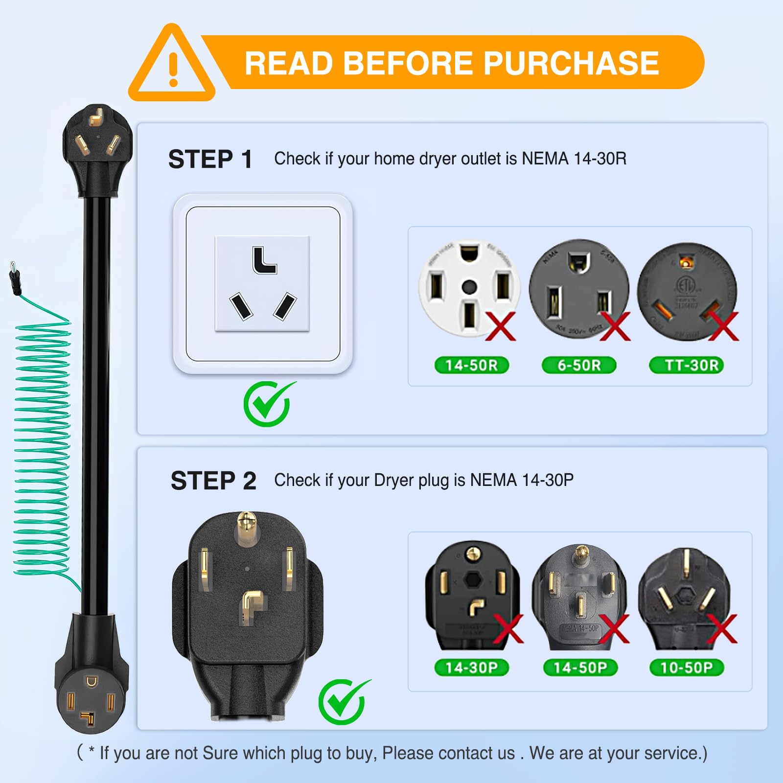 Nilight 30 Amp EV Dryer Adapter Cord - 10 Gauge, 3750 Watt, Black, 10-30P to 14-30R, Heavy Duty Conversion Plug