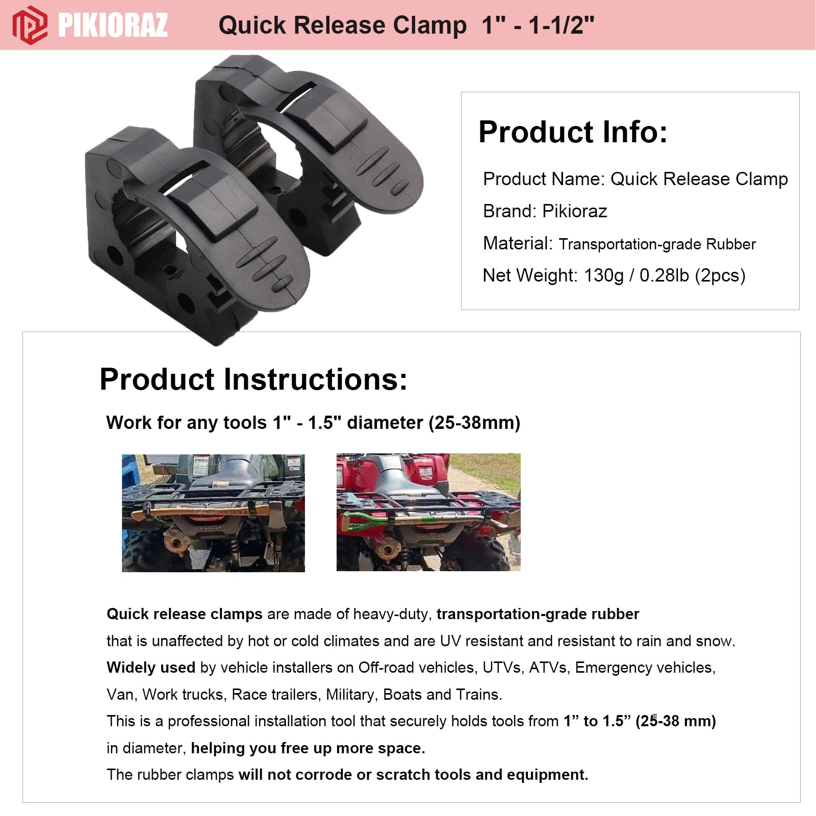 Pikioraz 2pcs Quick Release Clamp Mount, Rubber Clamp Grip for 1-1/7in to 1-4/9in Diameter Tools and Equipment Used on Off-road