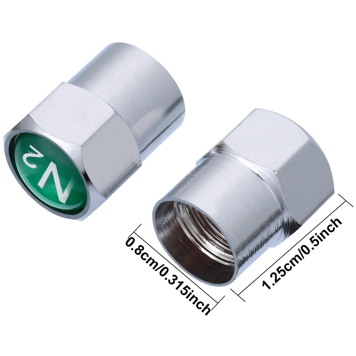 Tatuo Metal Brass Tire Valve Stem Caps - 20 Pieces, Dustproof Covers with N2 Nitrogen Logo, Green - Model Tatuo-Tire Cap-01