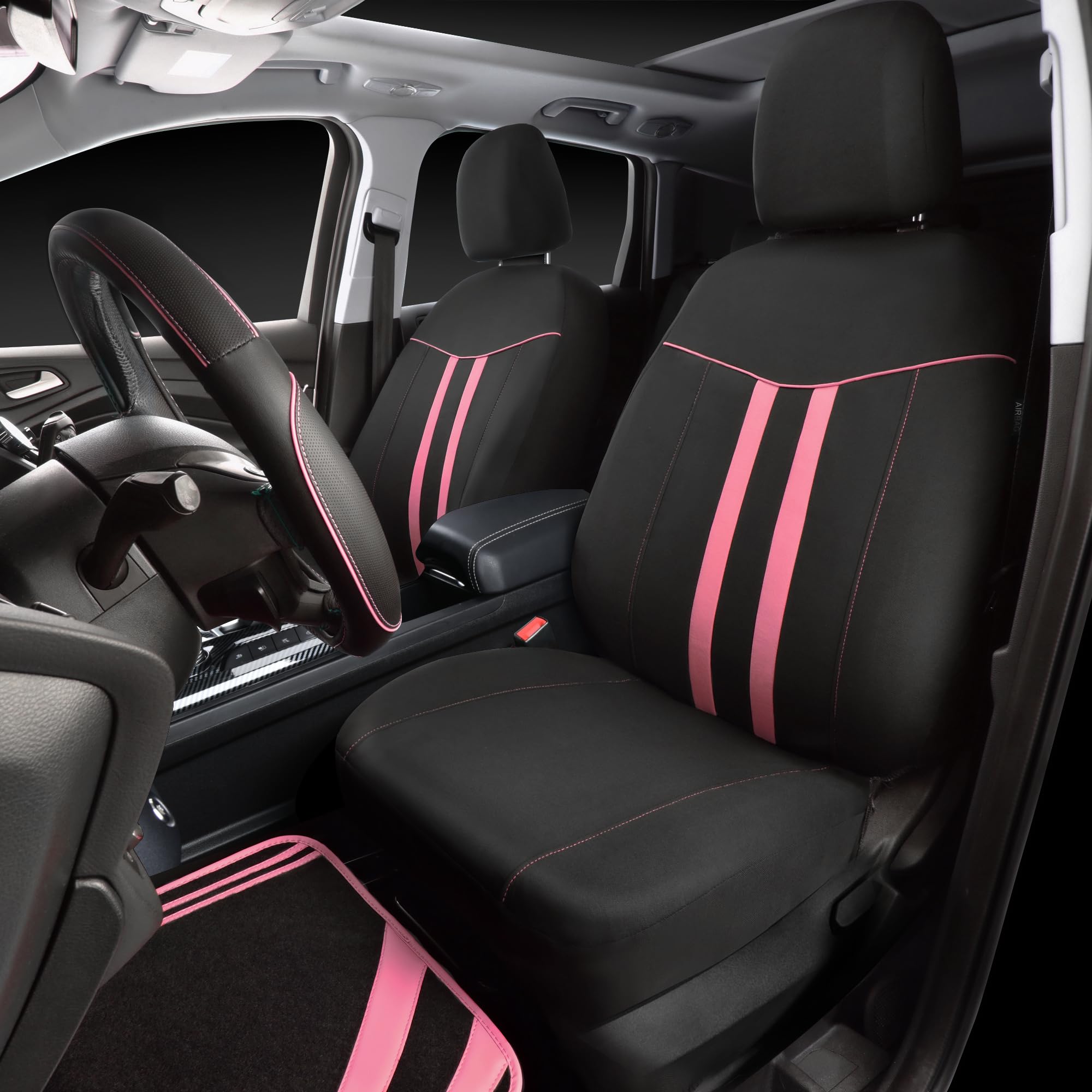 Car Pass Car Seat Covers Full Set For Women Girls With Waterproof Car Floor Mats,Anti-Slip Leather Steering Wheel Cover,Universa