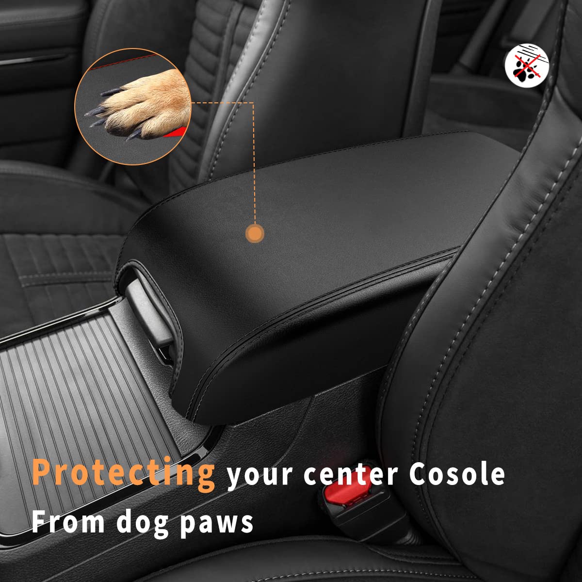 INTGET Armrest Cover for Dodge Charger & Chrysler 300 (2011-2023) - Leather Console Lid Protector, Black Stitches, Without Pattern