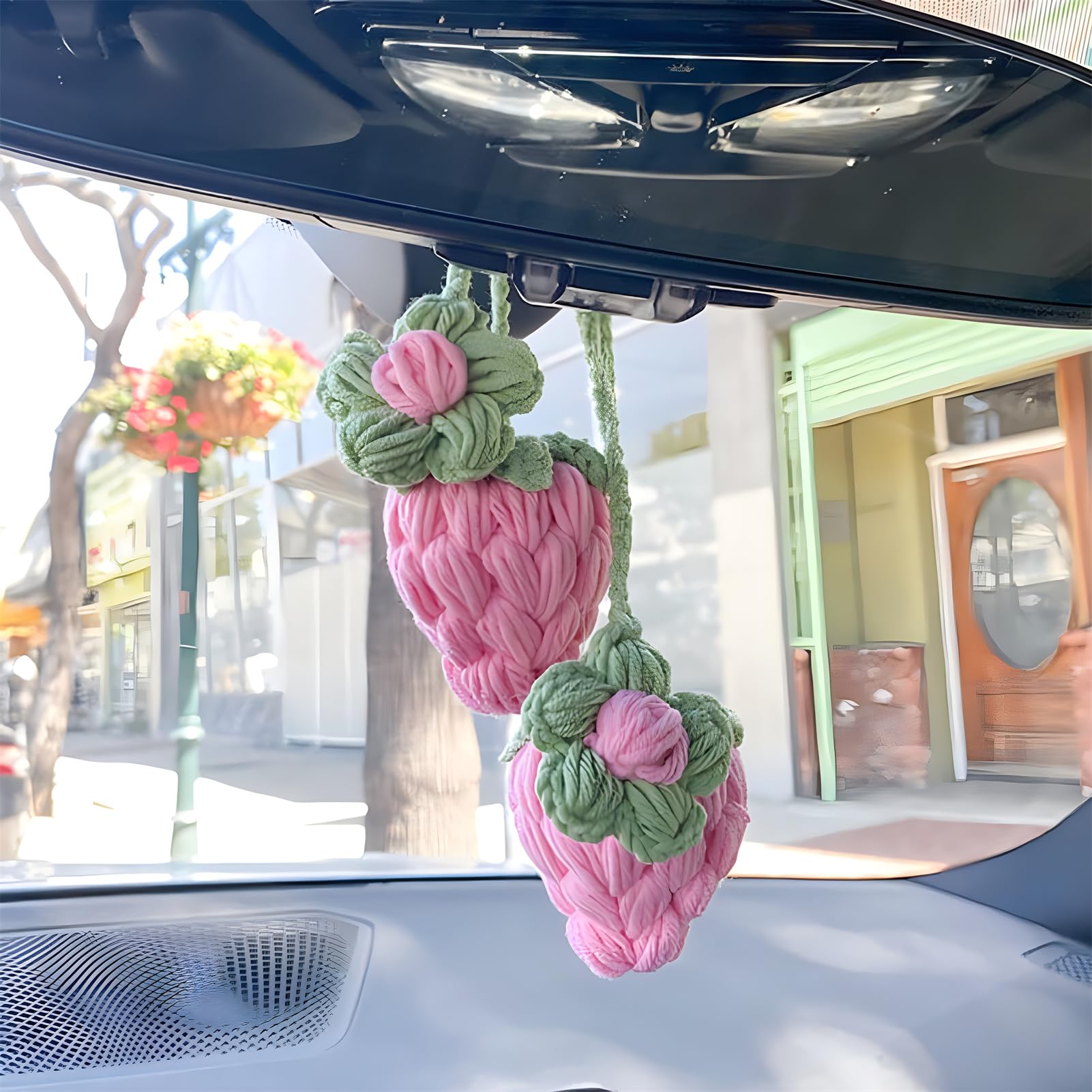 1Pc Rear View Mirror Hanging Accessory, Cute Pink Strawberry Car Decor, Crochet Hand Knitted Mirror Hanger