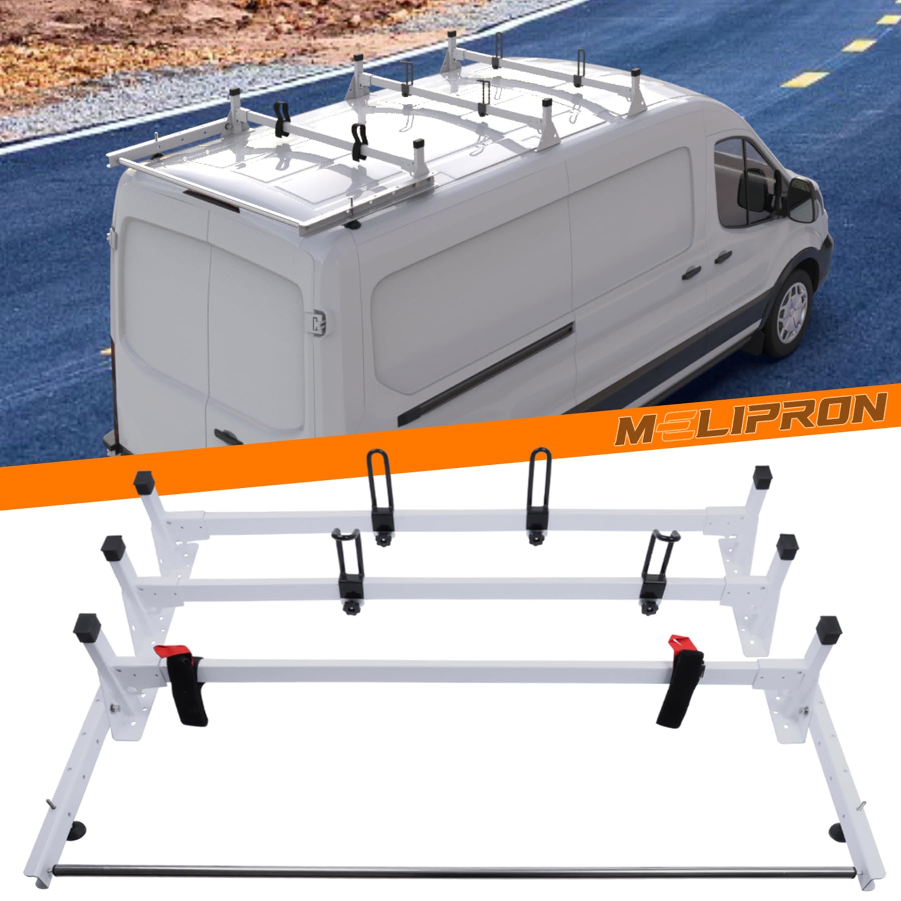MELIPRON Cargo Van Roof Ladder Rack with Rear Roller Fit for 2015-2025 Ford Transit 150 250 350, Low/Mid/High Roof, Heavy-Duty 8