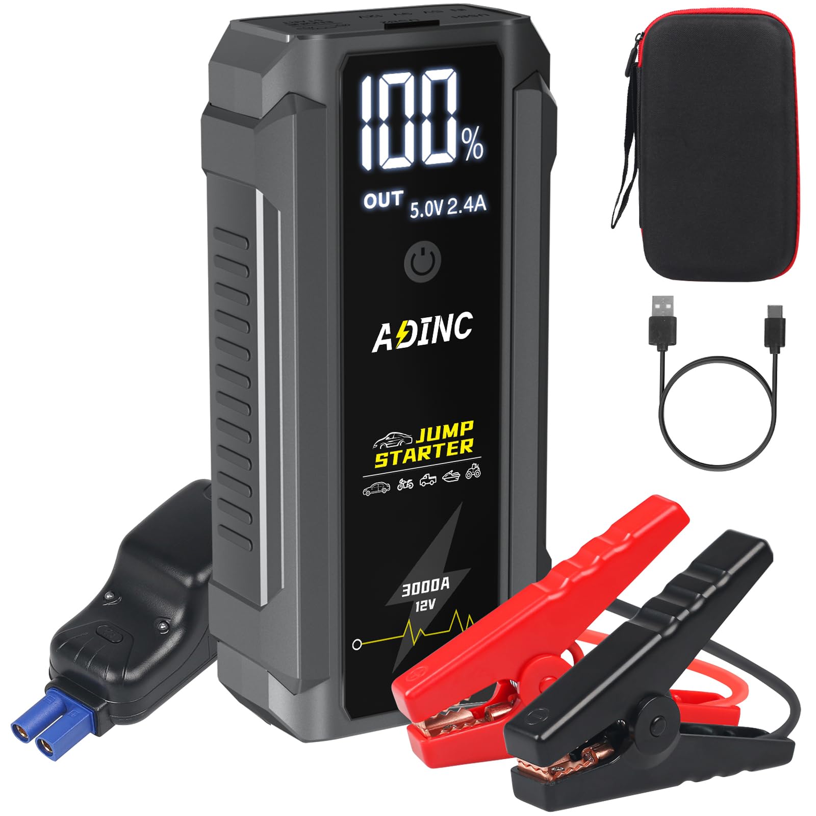 ADINC Jump Starter, Car Battery Jumper Starter 3000A, 12V Battery Pack for Up 8.0L Gas & 7.0L Diesel Engines, Portable Jump Box 