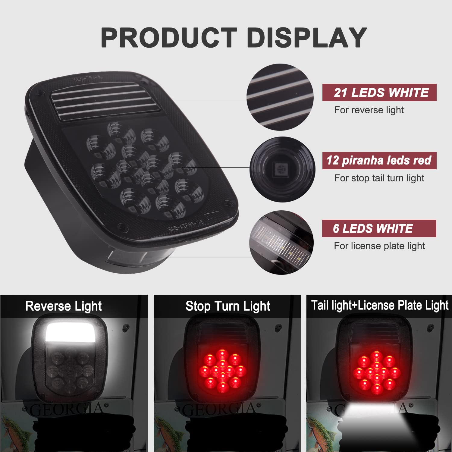 Konrali 2Pcs Smoked LED Tail Lights Assembly for Wrangler CJ TJ YJ, Model KON-NM01-39SRD, with License Plate & Backup Lights