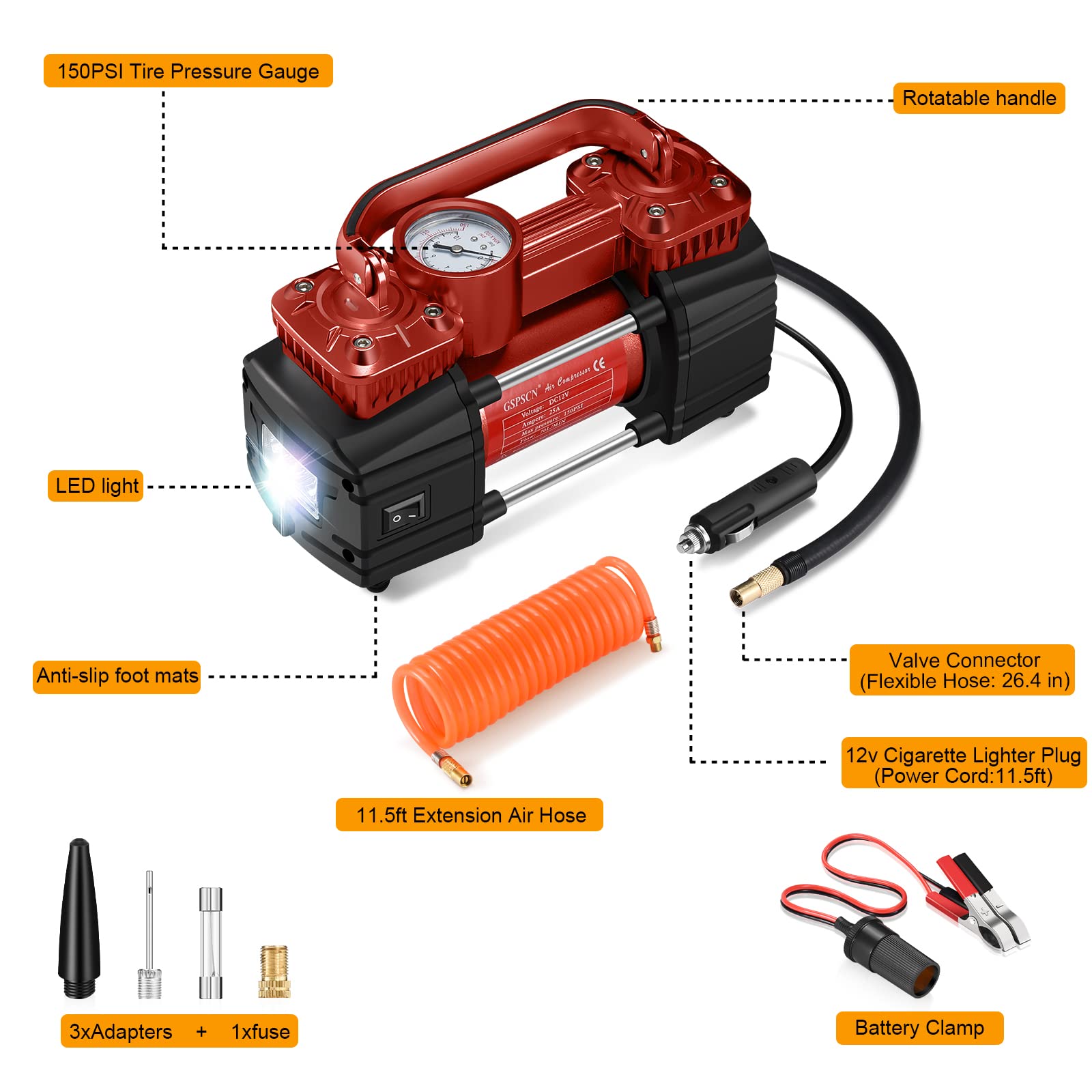 Gspscn Dual Cylinder Dc 12V Air Compressor For Car, Heavy Duty Portable Tire Inflator,Tire Pump 150Psi With Led Light For Auto,T