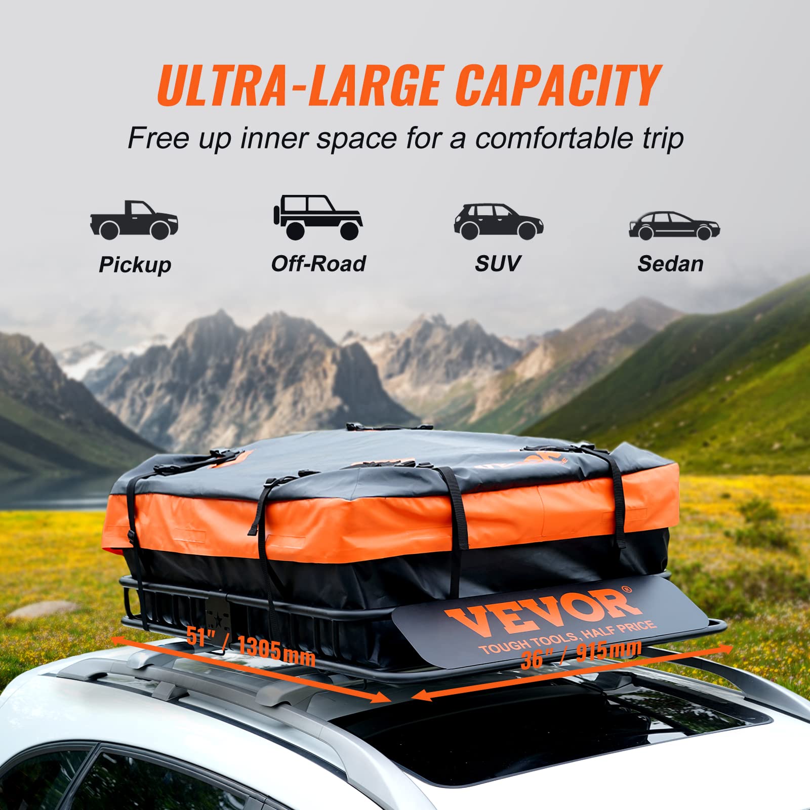Vevor Roof Rack Cargo Basket, 51' X 36' X 5' Rooftop Cargo Carrier W/ 15 Cu Ft Waterproof Cargo Bag, 200 Lbs Capacity Universal Rack Carrier For Suv, Truck, Pickup