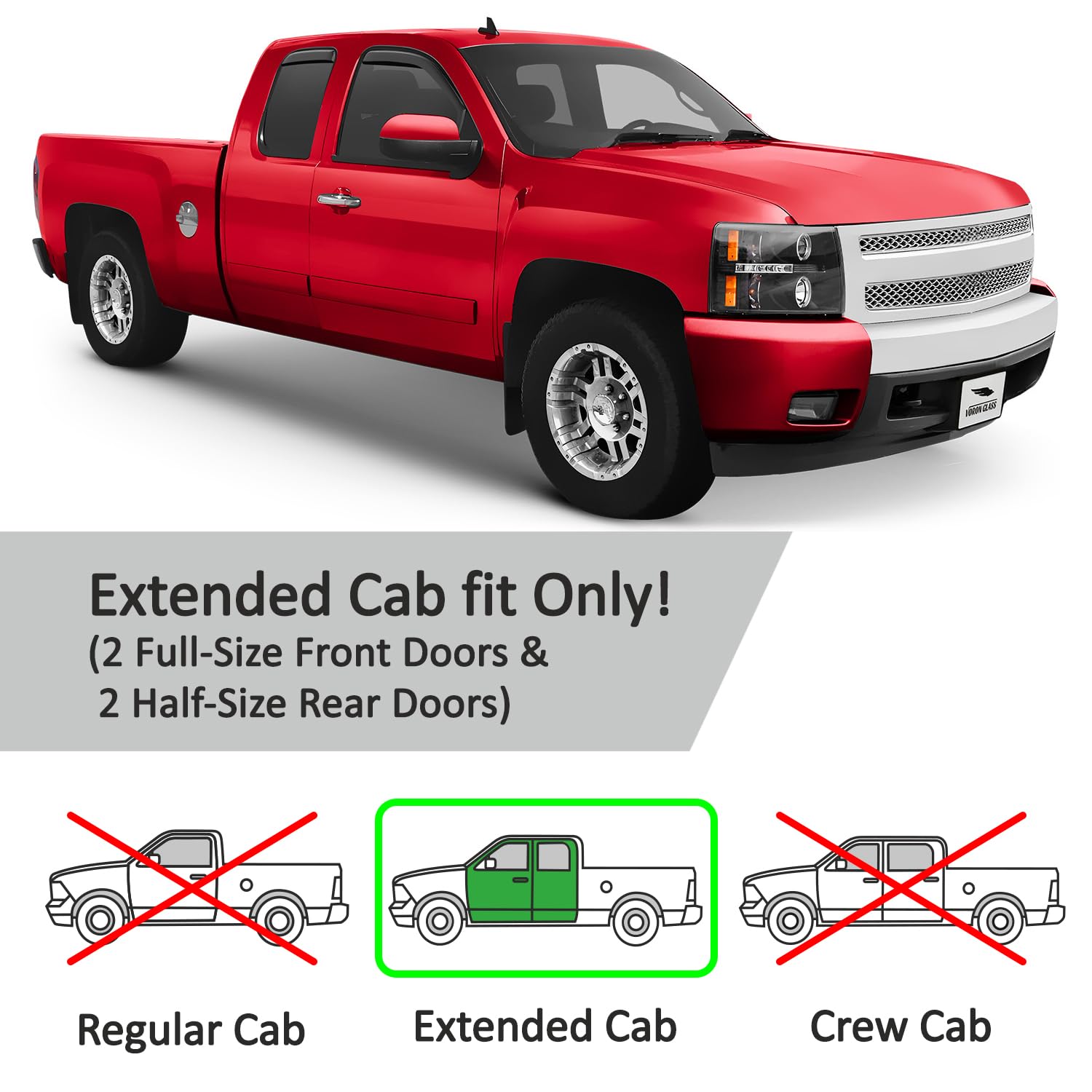 Voron Glass In-Channel Extra Durable Rain Guards For Trucks Chevrolet (Chevy) Silverado 2007-2013 Extended Cab, Window Deflector
