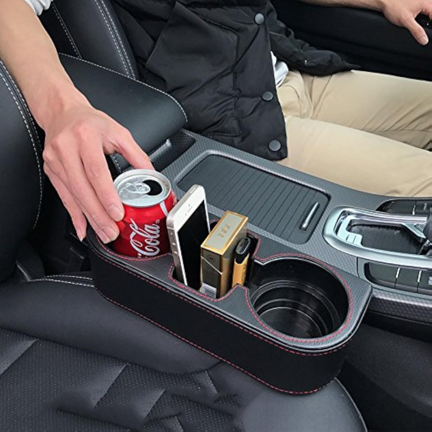 IOKONE Leather Car Cup Holder Organizer, Black, Model AST, for Mobile Phones and Accessories