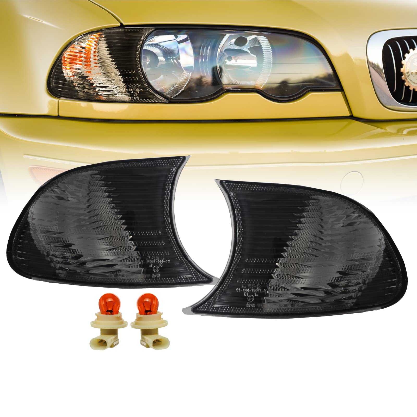 Depo 00-01 E46 2D Cornering Lights - Oe Euro Smoke Clip-On Corner Turn Signal Lamps (Left + Right) Compatible With 2000-2001 Bmw