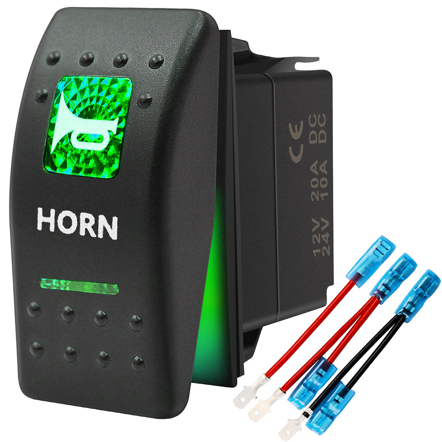 Momentary Horn Button Waterproof Rocker Switch Toggle - On/Off Green Led Light - 12V 20Amp 24V 10Amp, 5 Pin For Automotive Car V