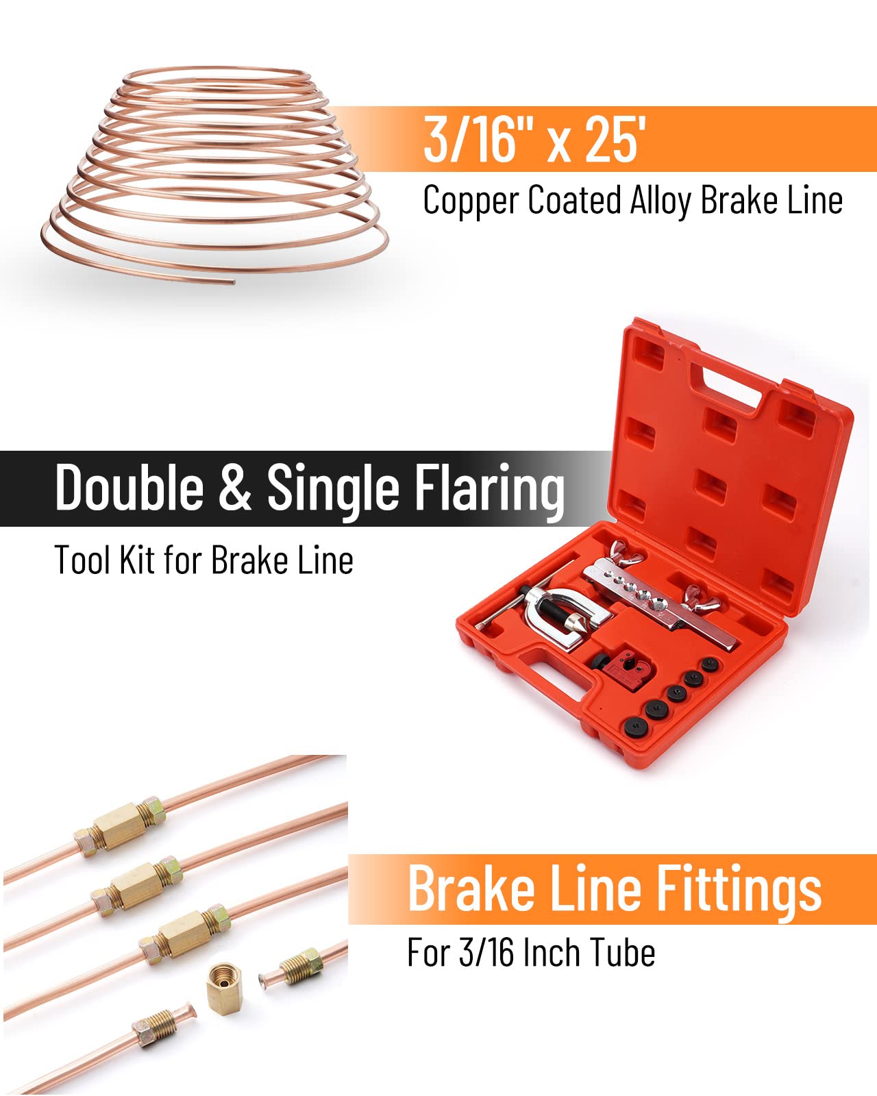 Racewill Copper Coated Brake Line Kit, 25 ft 3/16" with 16 Fittings, 4 Unions & Flaring Tool Set