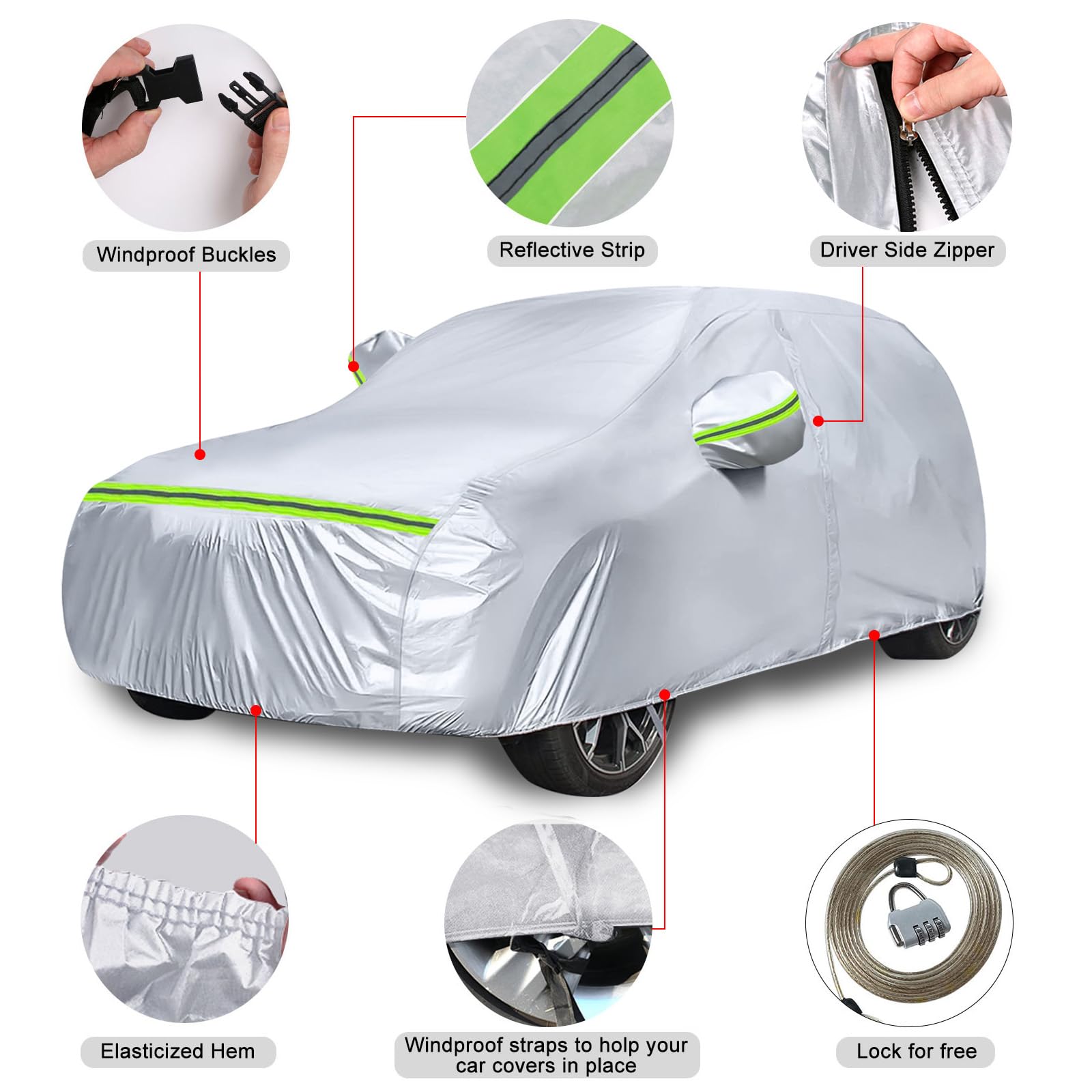 Waterproof Car Covers Replace For 2011-2025 Ford Explorer, 6 Layers Silver All Weather Car Cover With Zipper Door & Windproof Ba