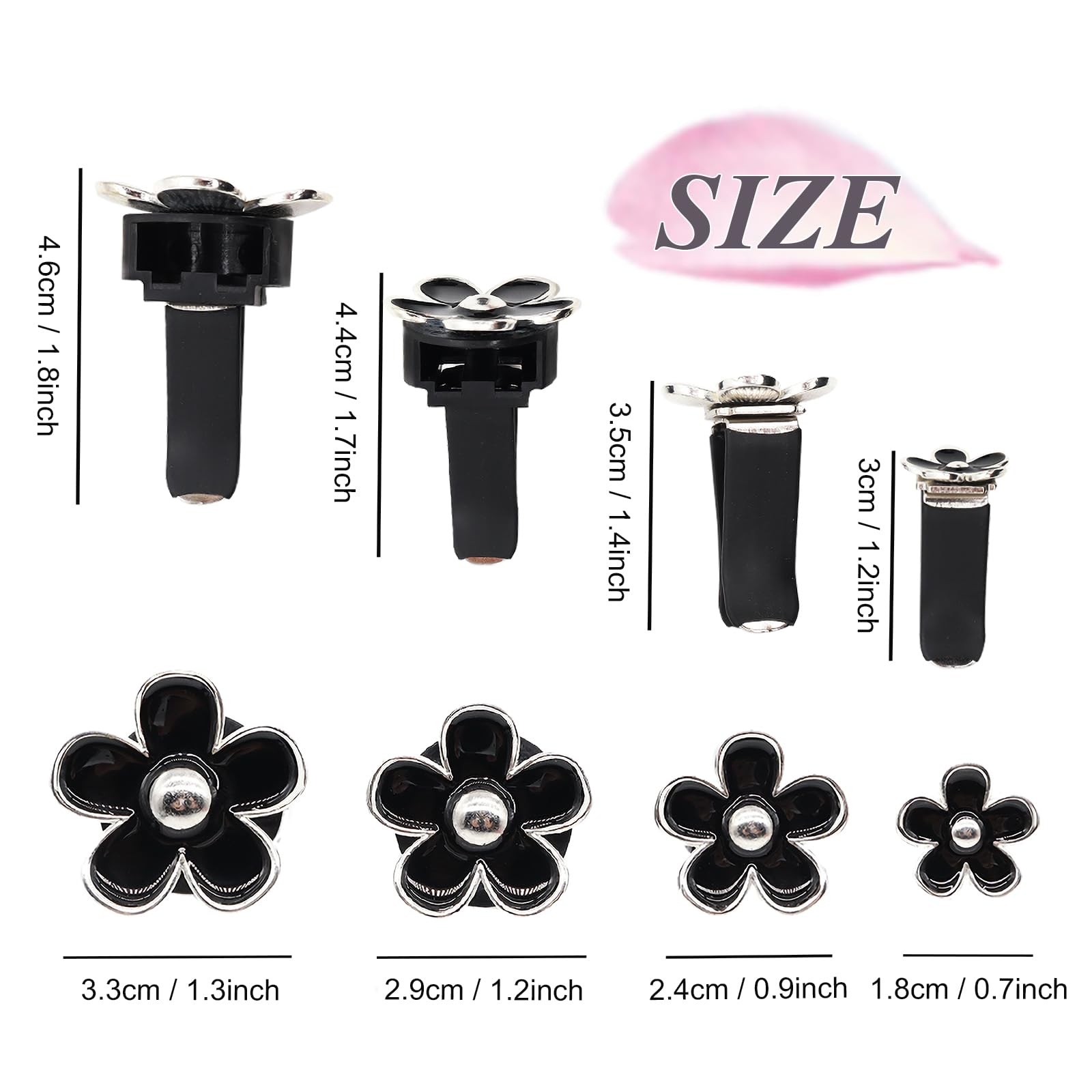 Oriesse 4Pcs Cute Daisy Flowers Car Air Freshener Vent Clips,Girly Flowers Car Accessories For Women,4 Sizes Sparkle Black Silve
