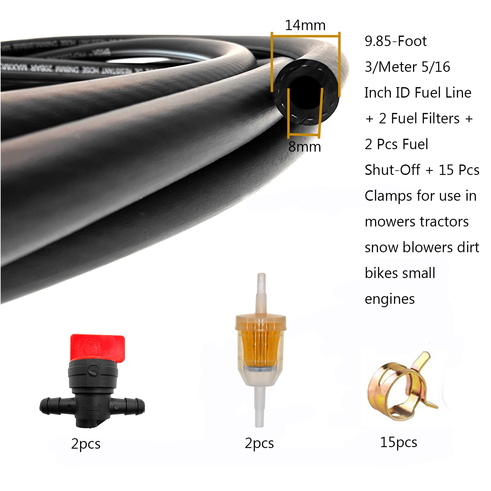 9.85-Foot 5/16 Inch ID Fuel Line Set+ 15 Pcs 2/5'' ID Hose Clamps + 2 Pcs 5/16 Inch Fuel Filters + 2 Pcs 1/4 Fuel Shut-Off Valve