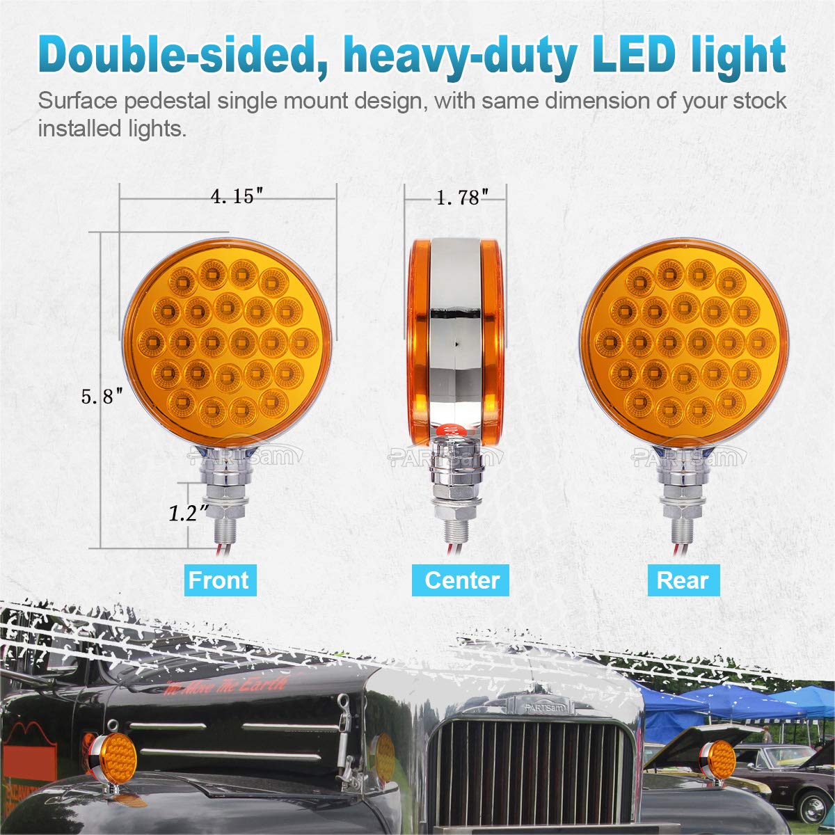 Partsam 2pcs Round Amber 48LED Pedestal Turn Signal Lights, Standard Size, Chrome & Plastic, Model 13, Dual-Face Marker for Trucks