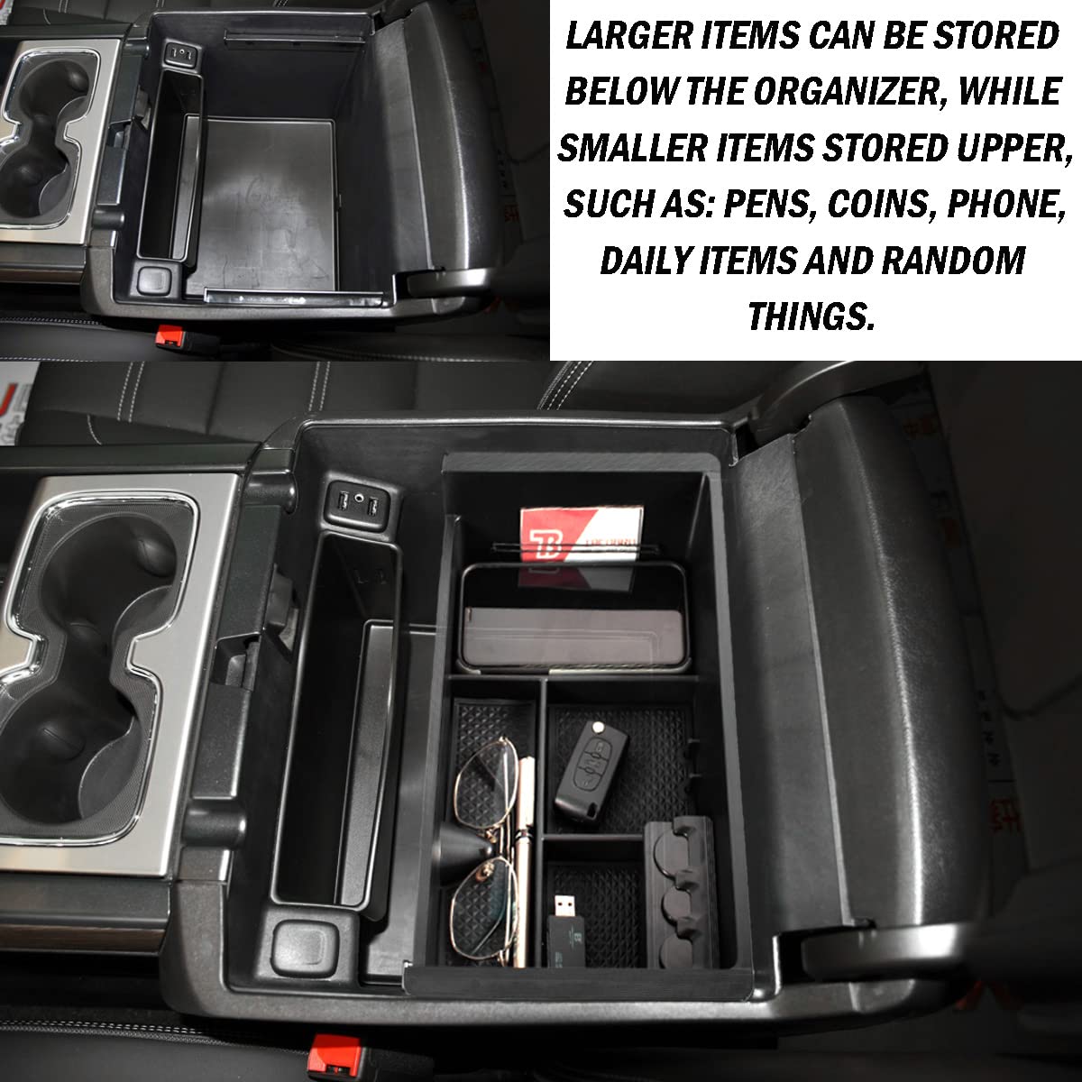 TACOBRO Center Console Organizer for 2014-2020 Chevy/GMC, Black, Model TBGM09-B, Durable Acrylonitrile Butadiene Styrene Material