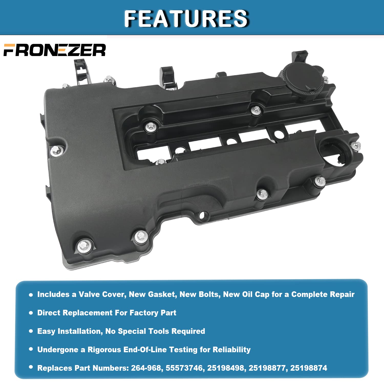 FRONEZER Engine Valve Cover with Gaskets, Bolts & Oil Filler Cap for 2011-2020 Chevy Cruze/Sonic/Trax/Volt, Model 55573746, Plastic