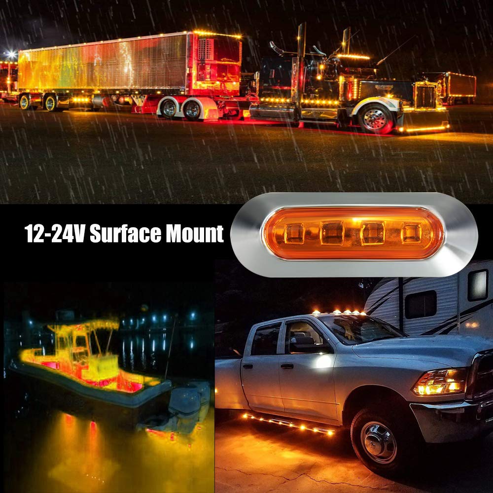 ALFU 10PCS Amber 4 LED Side Marker Indicator Lights for Auto, Bus, Truck, & Trailer - Model 682s, Chrome Bezel, Universal Fit