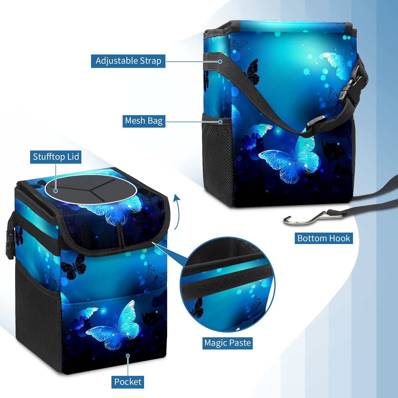Blue Butterfly Glowing Car Trash Can with Lid, Collapsible Reusable Waterproof Garbage Can, Car Accessories Interior Organizer