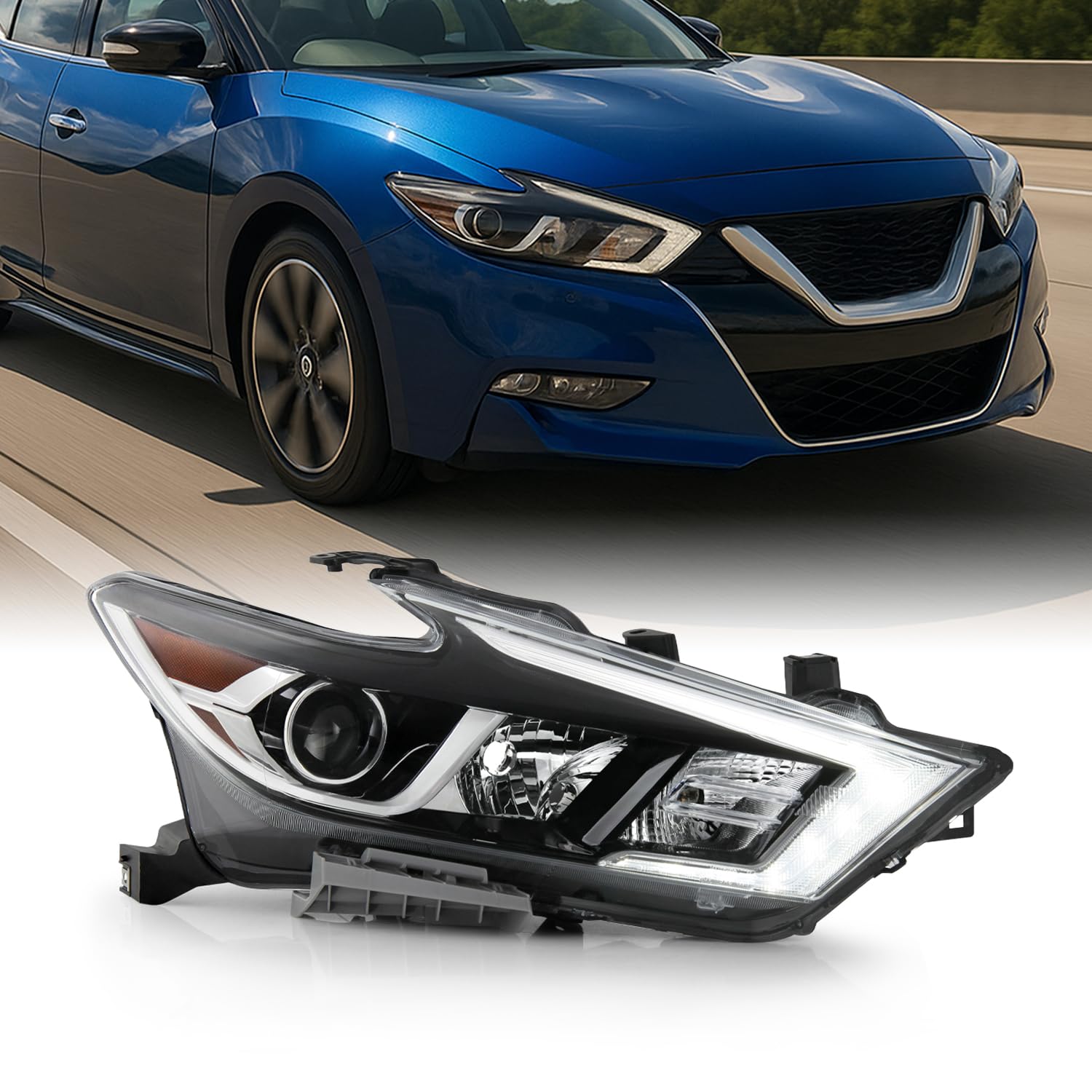 AKKON - Fit 2016-2018 Maxima S | SL | SV [Halogen Type] DRL LED Running Turn Signal Chrome Headlight Passenger Right Replacement