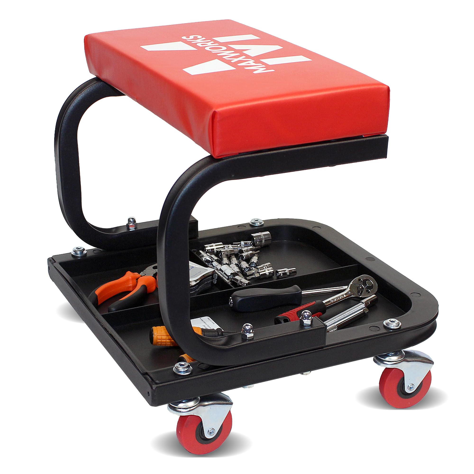 MaxWorks 50875 Mechanics Roller Seat - Heavy Duty 250 lb Capacity, Rolling Creeper Stool with Padded Seat, Black/Red
