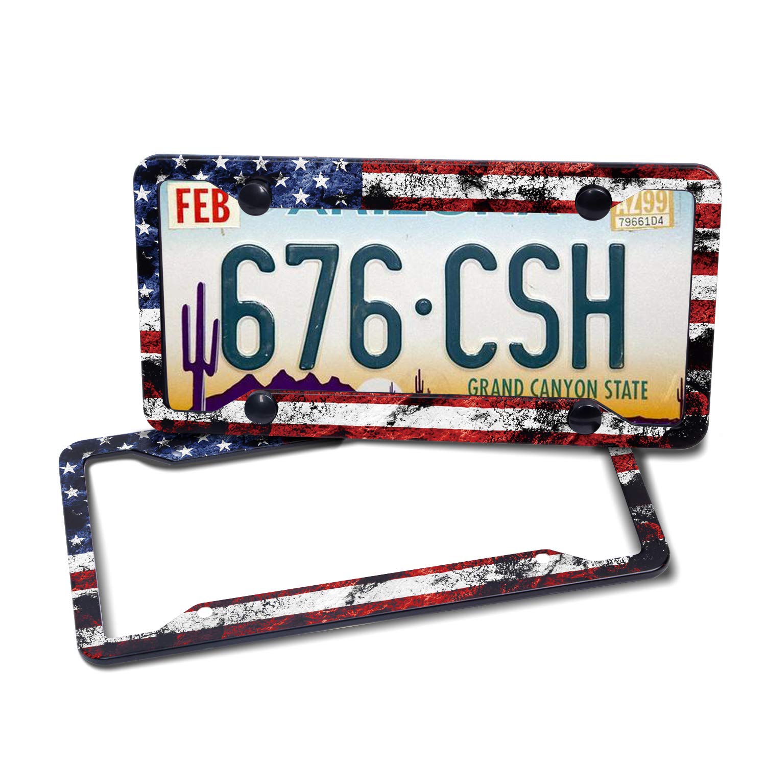 Exmeni 2 Pcs Custom Patriotic Usa License Plate Frame Quality Aluminum License Plate Cover American Flag Design License Plate Veteran Patriot Novelty License Plate Frame