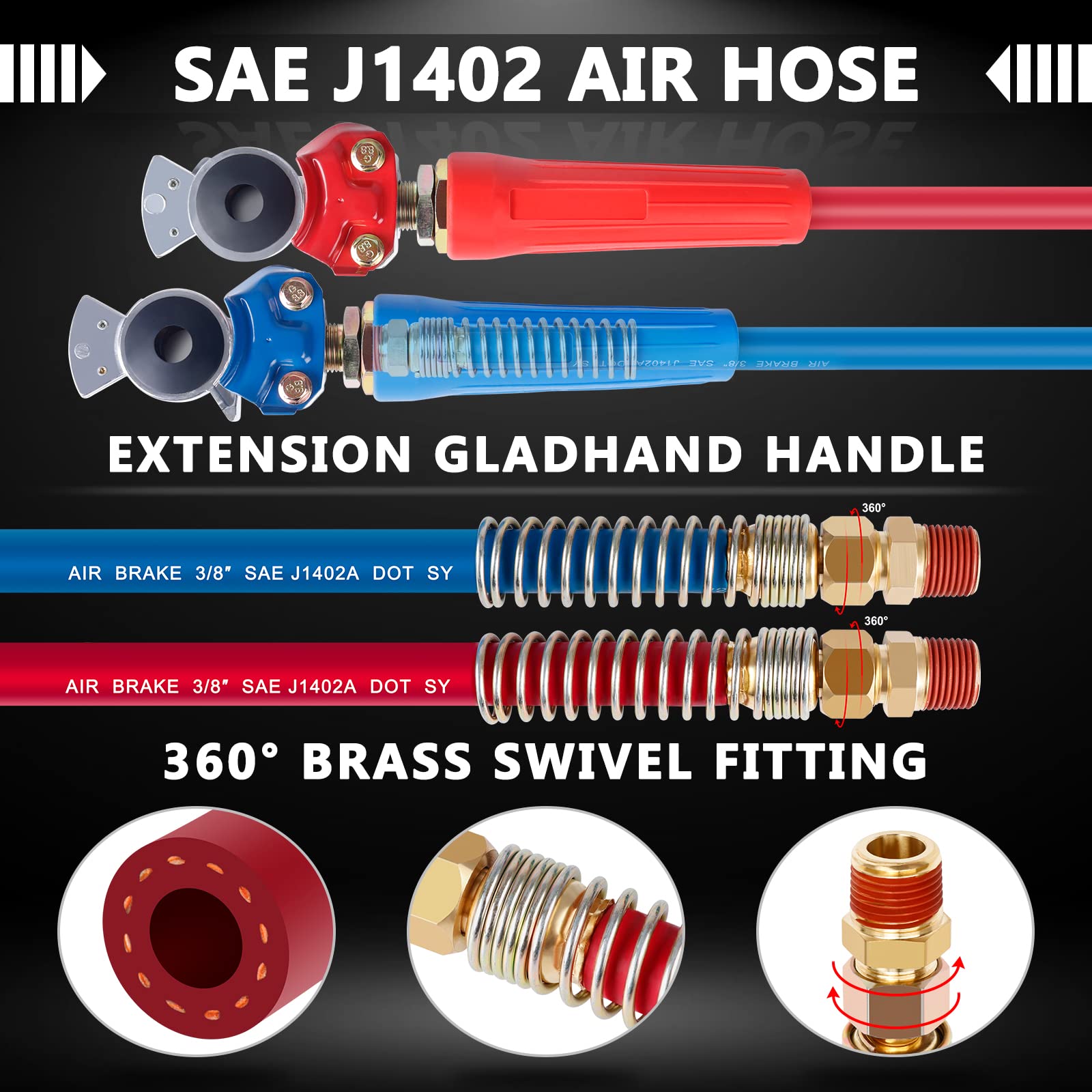 CheeMuii 12FT 3-in-1 Semi Truck Air Line Kit with Gladhands & Spring, Durable ABS Hoses for Tractor Trailer