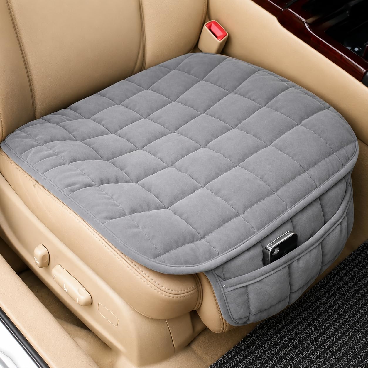 TRUORA Car Seat Cushion Pad for Front Seat, Quilted Seat Cover with Elastic Strap, Fabric Seat Protector Mat for Car SUV Van Off