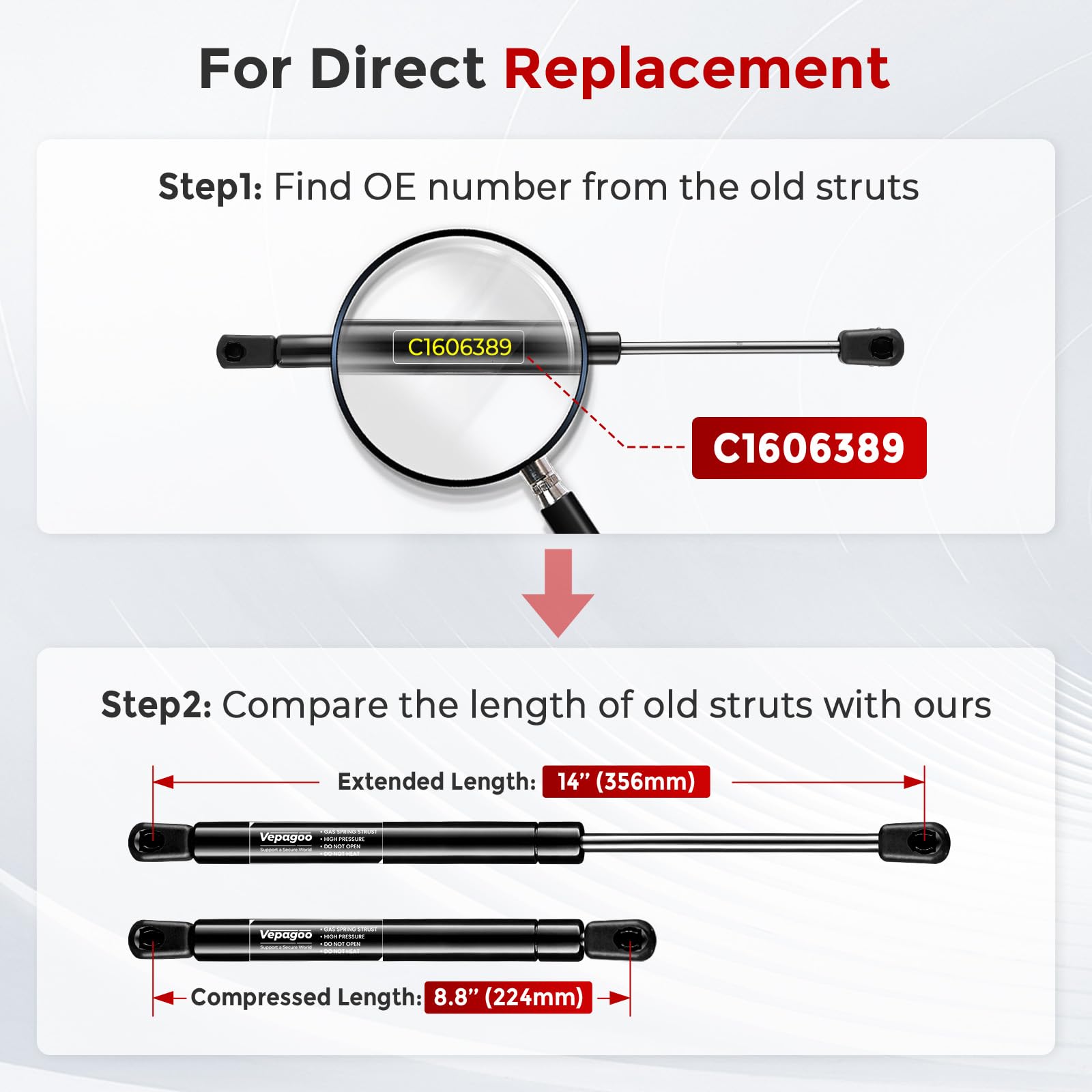 Vepagoo Gas Shocks Struts Lift Support Set of 2 for Leer Camper Shell, 14in 24lb, Model C16-06389
