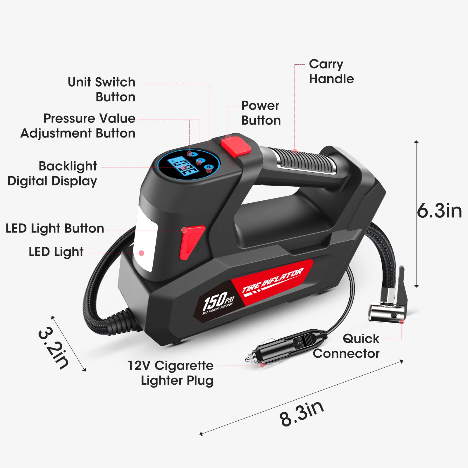 Air Compressor Tire Inflator Portable Air Pump For Car Tires Dc 12V Auto Tire Pump With Digital Pressure Gauge,150Psi With Emergency Led Light For Car, Motorcycle, Bicycle And Other Inflatables