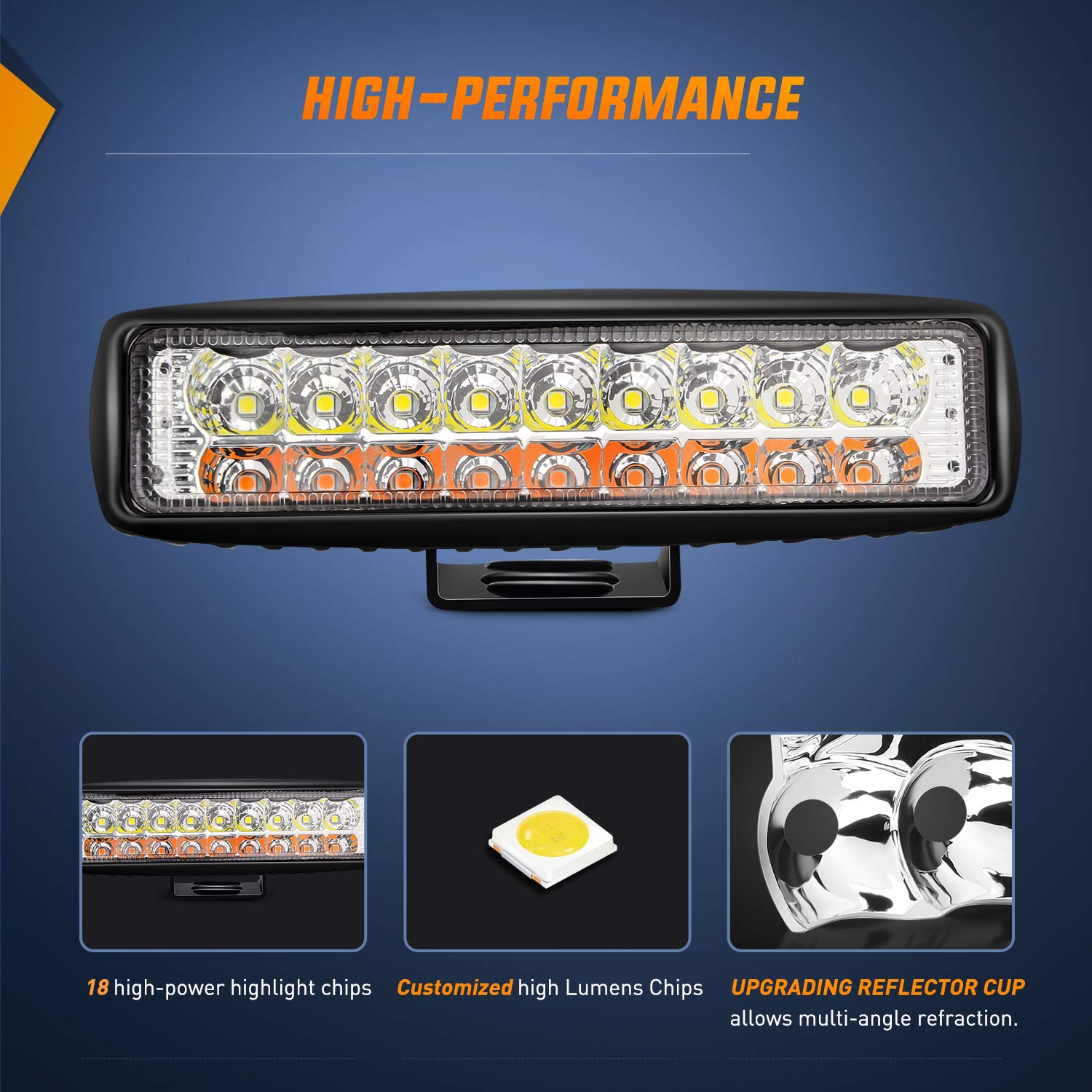 Nilight 15020F-B 54W LED Work Lights Bar - 6 Inch, 2Pcs White/Amber, Aluminum, PMMA Lens, 2 Years Warranty