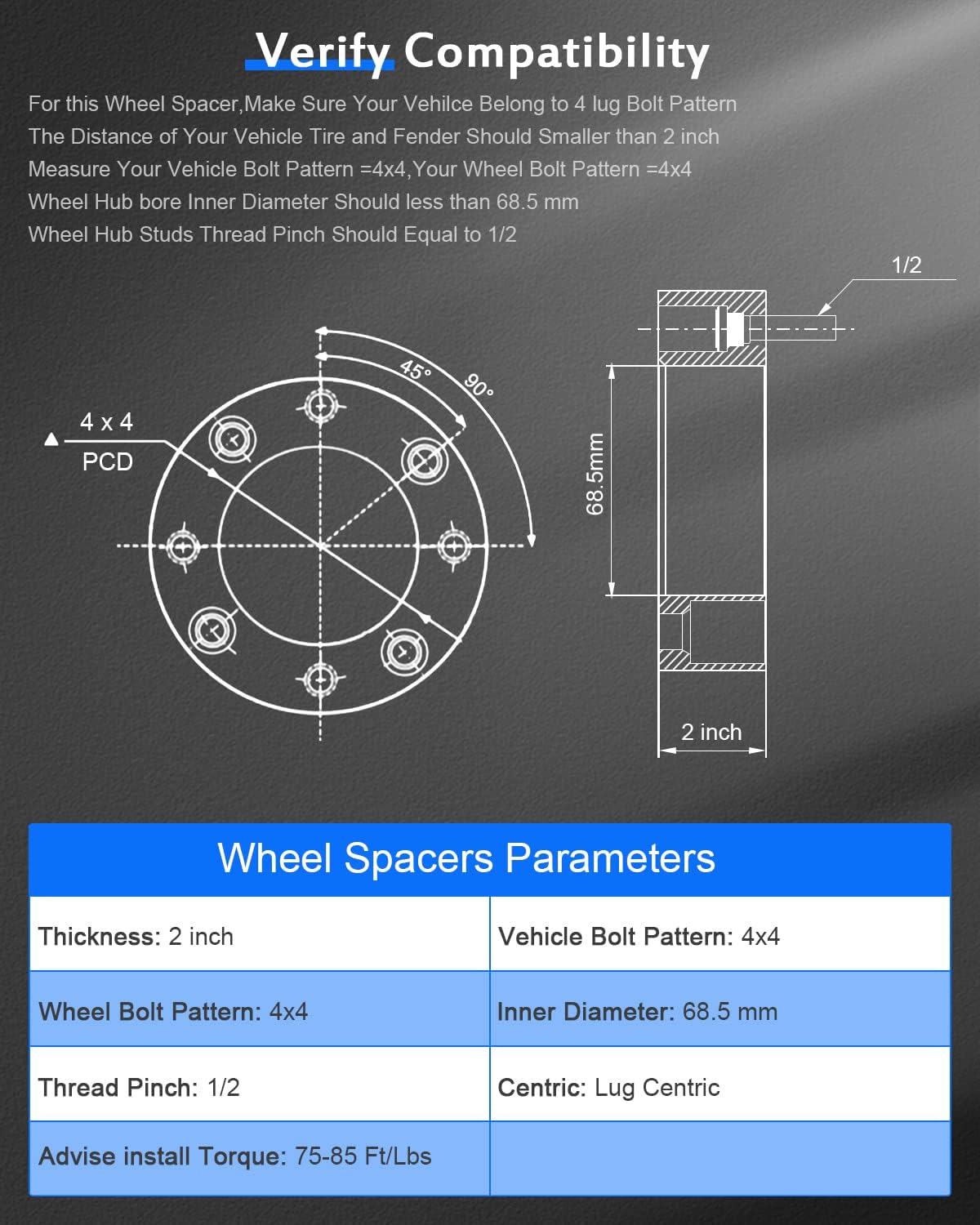Eccpp 4X 4X101.6Mm 2 Inch Wheel Spacers 4X4 To 4X4 4 Lug 1/2'' Studs 68.5Mm Fits For Ez Go Ezgo Club Car For Golf Cart